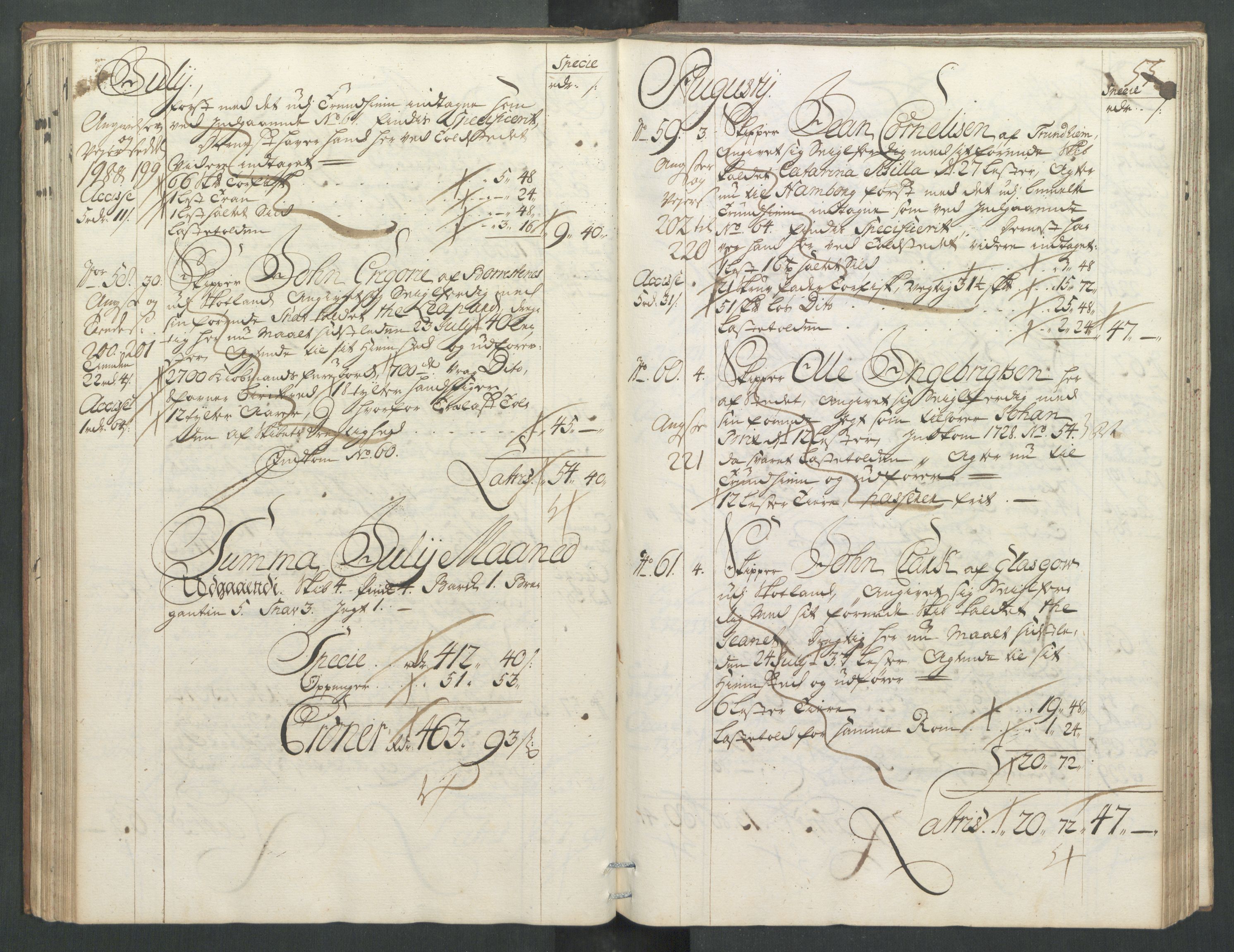 Generaltollkammeret, tollregnskaper, RA/EA-5490/R32/L0004/0001: Tollregnskaper Kristiansund / Hovedtollbok, 1731, s. 54b-55a
