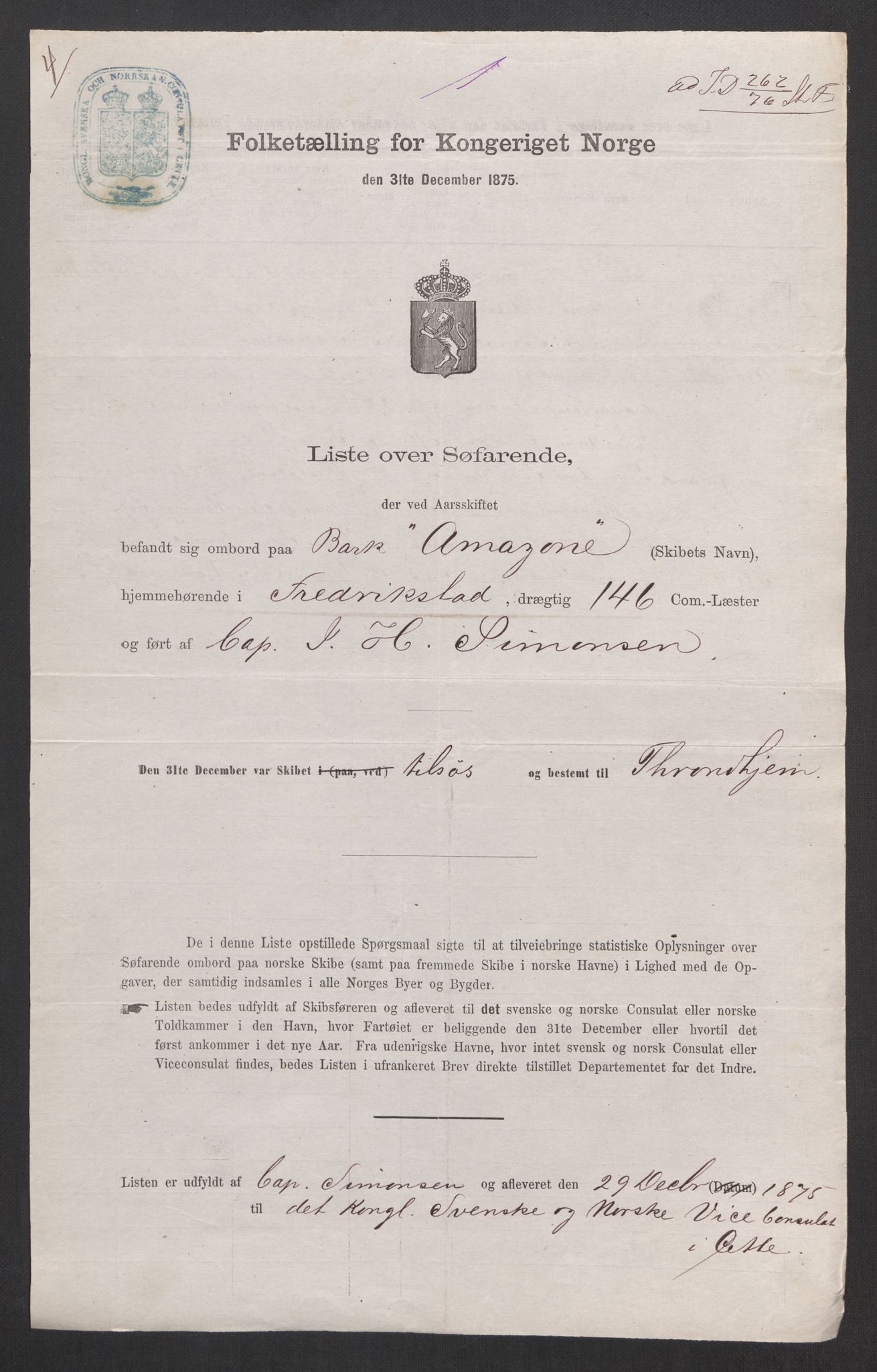 RA, Folketelling 1875, skipslister: Skip i utenrikske havner, hjemmehørende i byer og ladesteder, Fredrikshald - Arendal, 1875, s. 38