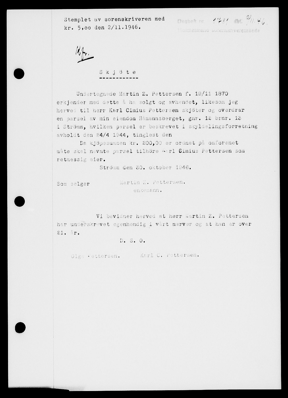 Holmestrand sorenskriveri, SAKO/A-67/G/Ga/Gaa/L0061: Pantebok nr. A-61, 1946-1947, Dagboknr: 1781/1946