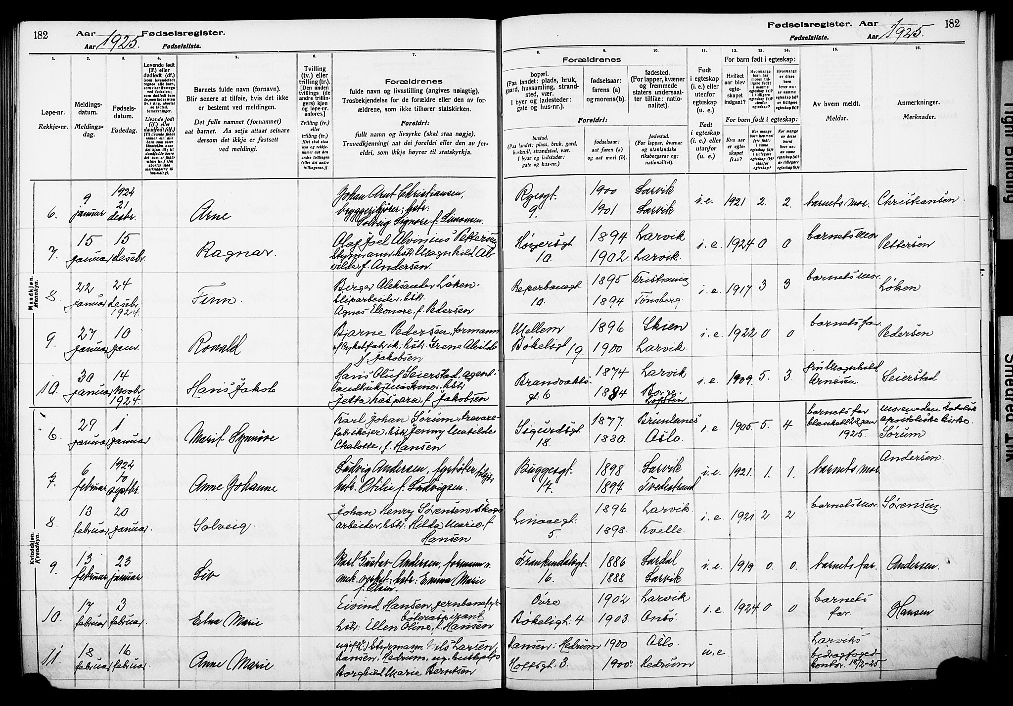 Larvik kirkebøker, AV/SAKO-A-352/J/Ja/L0001: Fødselsregister nr. I 1, 1916-1926, s. 182