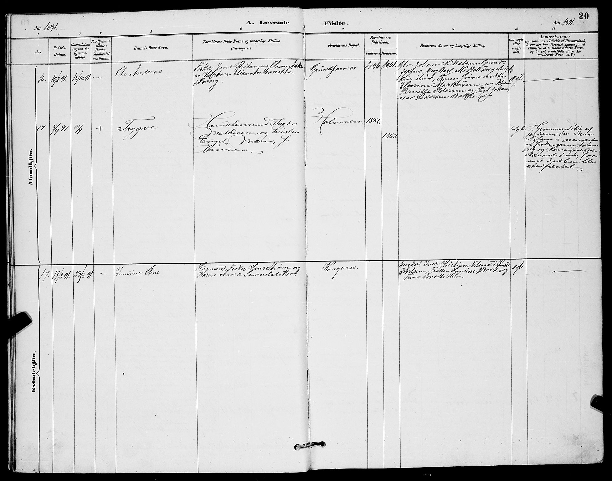 Berg sokneprestkontor, AV/SATØ-S-1318/G/Ga/Gab/L0012klokker: Klokkerbok nr. 12, 1887-1902, s. 20