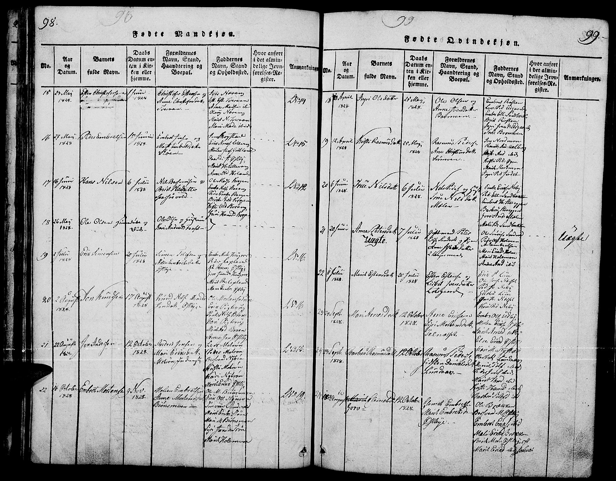 Tynset prestekontor, AV/SAH-PREST-058/H/Ha/Hab/L0001: Klokkerbok nr. 1, 1814-1859, s. 98-99