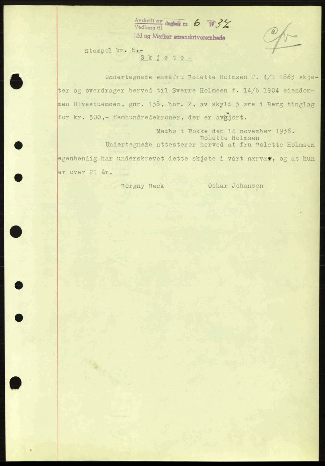 Idd og Marker sorenskriveri, AV/SAO-A-10283/G/Gb/Gbb/L0001: Pantebok nr. A1, 1936-1937, Dagboknr: 6/1937