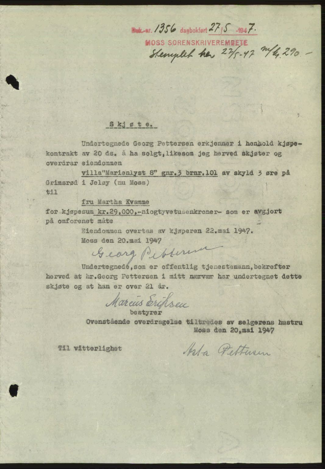 Moss sorenskriveri, SAO/A-10168: Pantebok nr. A17, 1947-1947, Dagboknr: 1356/1947