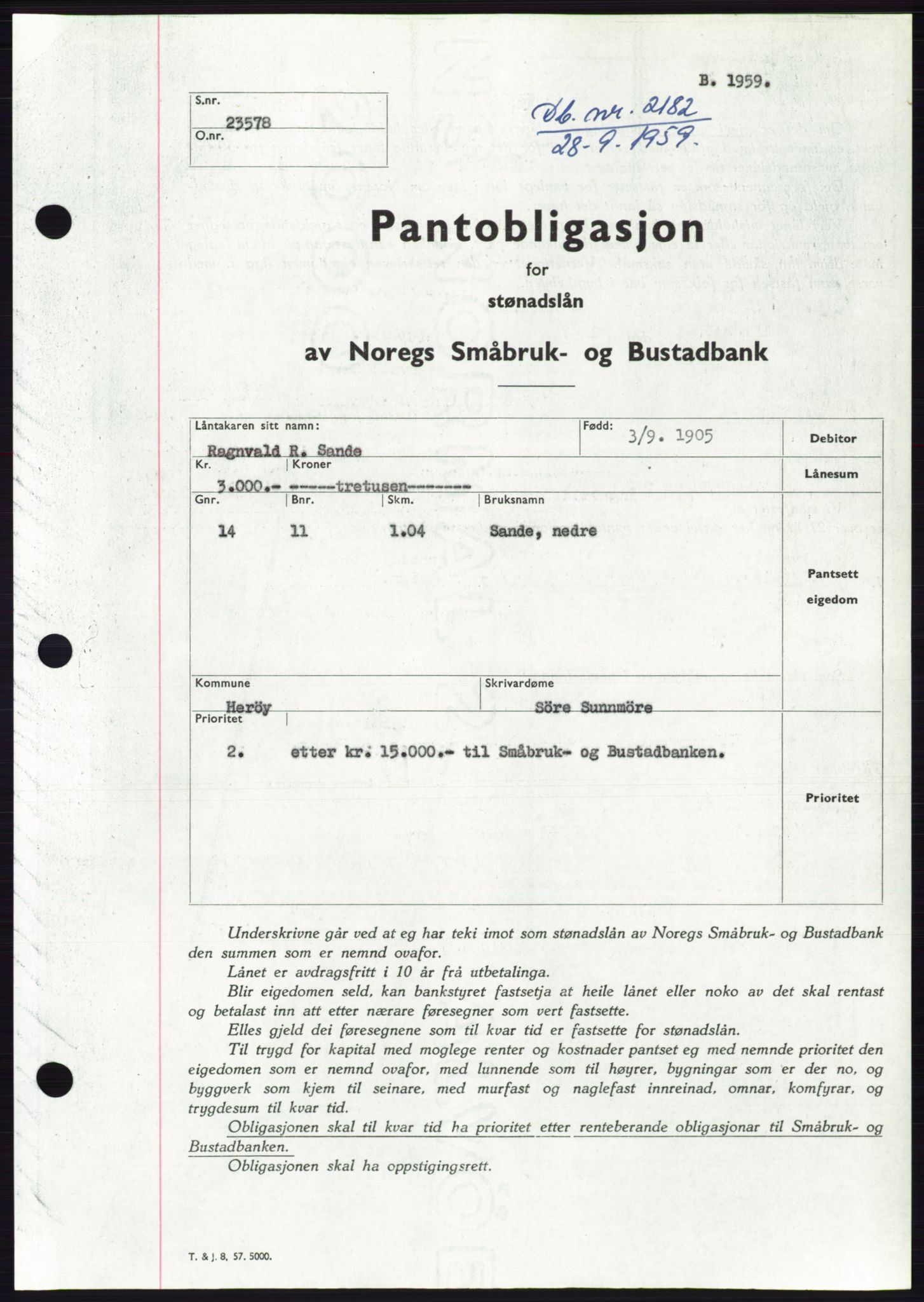 Søre Sunnmøre sorenskriveri, SAT/A-4122/1/2/2C/L0133: Pantebok nr. 21B, 1959-1959, Dagboknr: 2182/1959