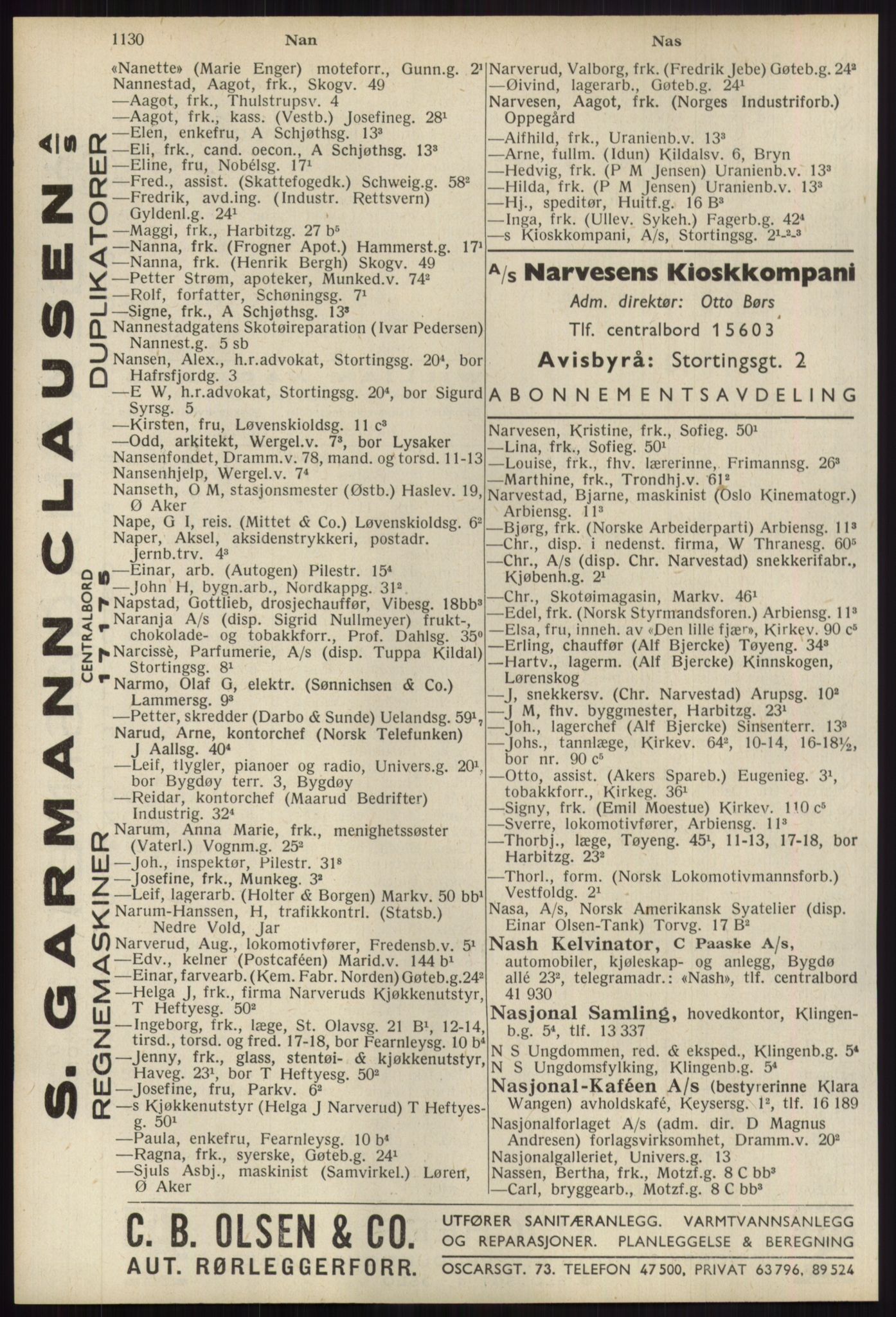 Kristiania/Oslo adressebok, PUBL/-, 1939, s. 1130