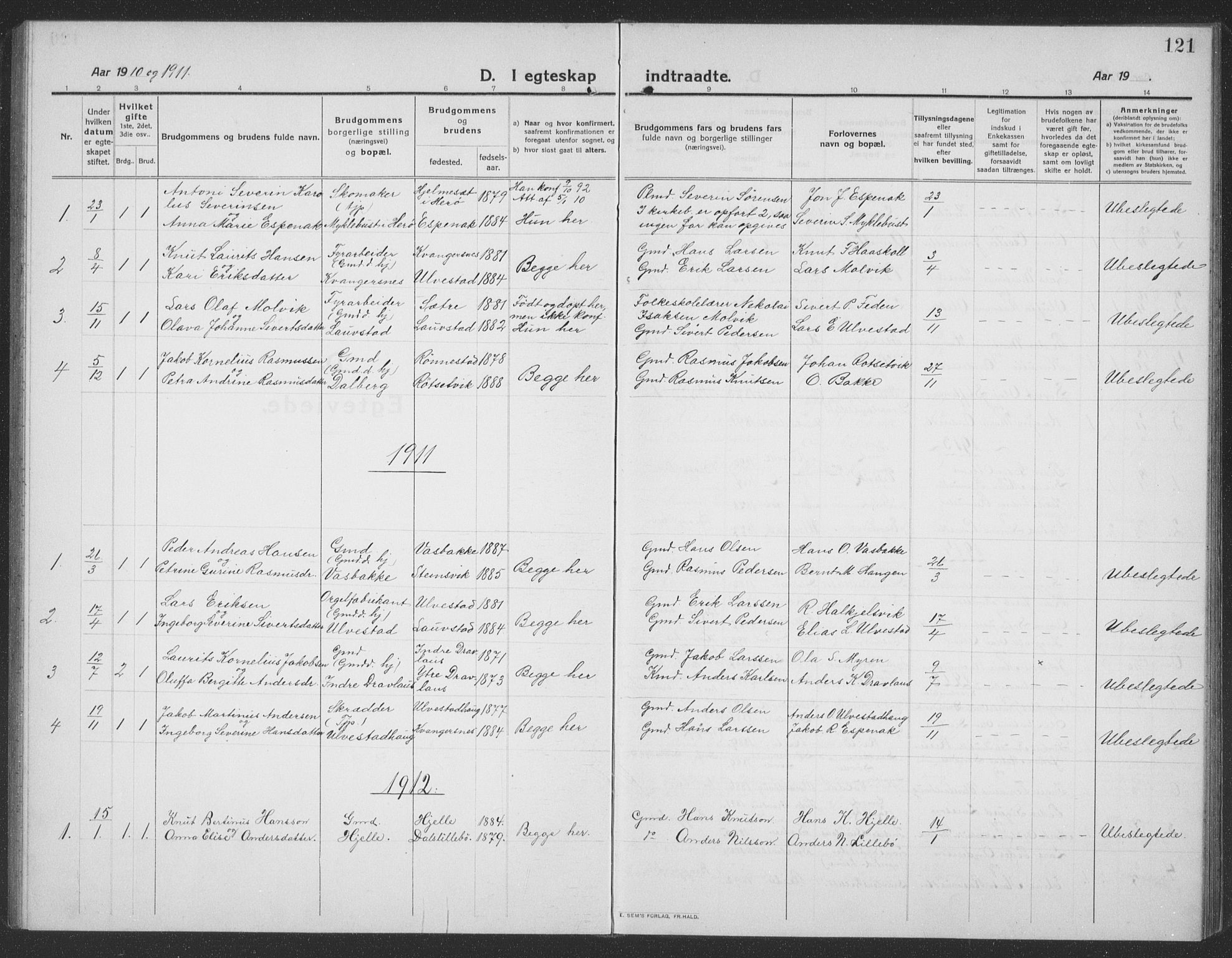 Ministerialprotokoller, klokkerbøker og fødselsregistre - Møre og Romsdal, AV/SAT-A-1454/512/L0169: Klokkerbok nr. 512C01, 1910-1935, s. 121