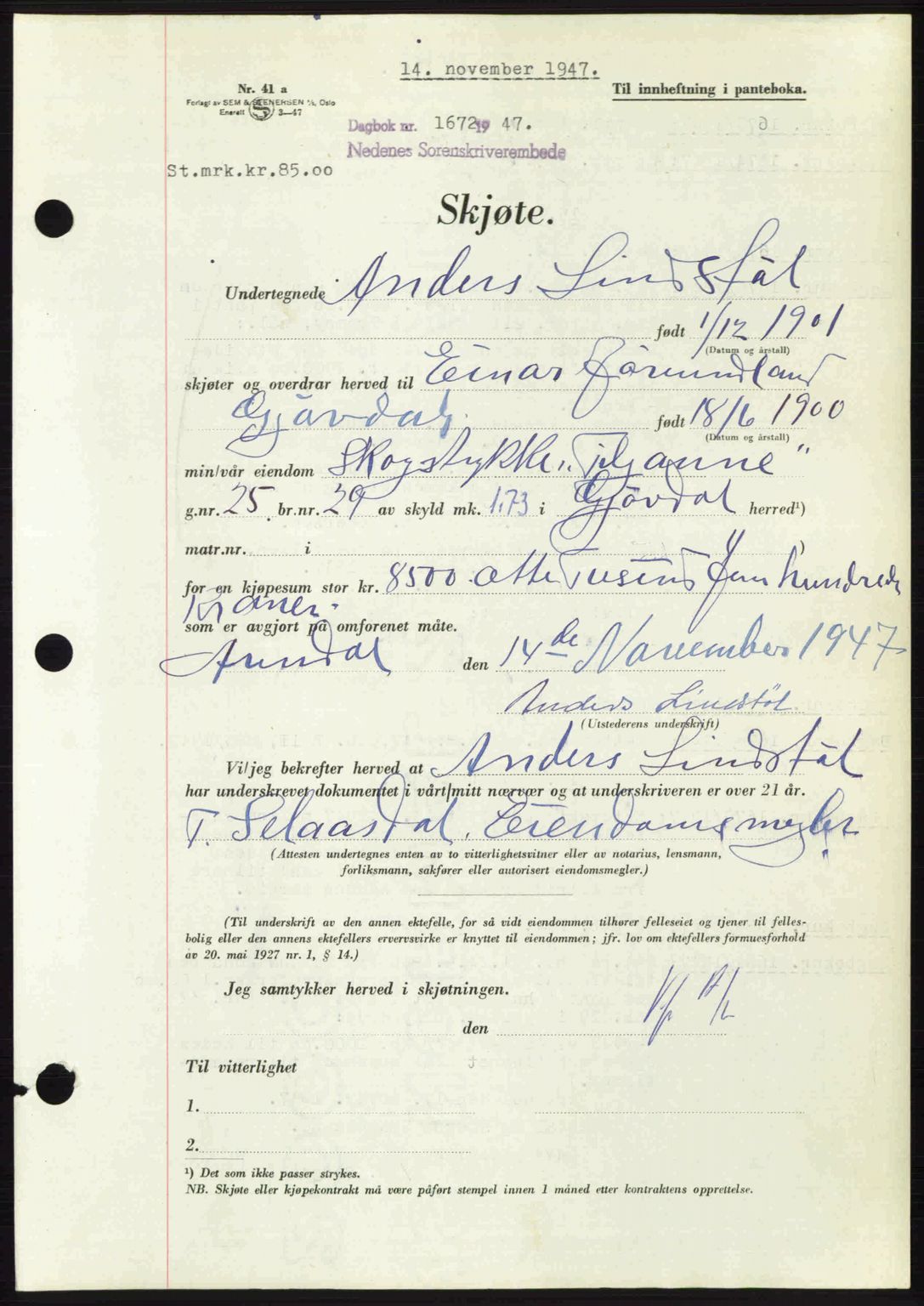 Nedenes sorenskriveri, SAK/1221-0006/G/Gb/Gba/L0058: Pantebok nr. A10, 1947-1948, Dagboknr: 1672/1947