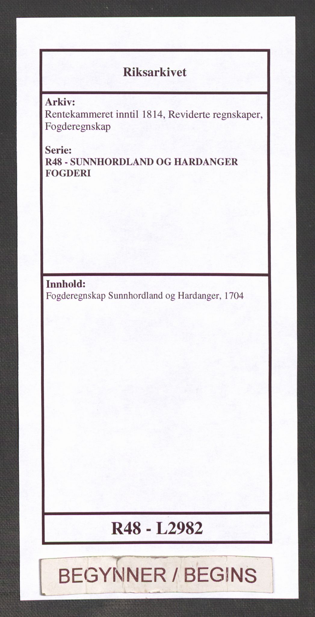 Rentekammeret inntil 1814, Reviderte regnskaper, Fogderegnskap, RA/EA-4092/R48/L2982: Fogderegnskap Sunnhordland og Hardanger, 1704, s. 1