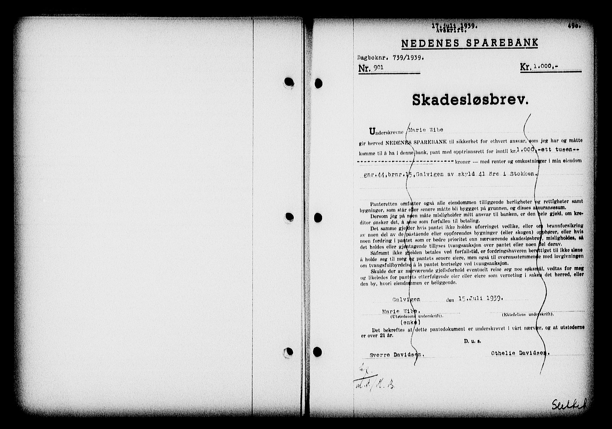 Nedenes sorenskriveri, SAK/1221-0006/G/Gb/Gba/L0046: Pantebok nr. 42, 1938-1939, Dagboknr: 739/1939