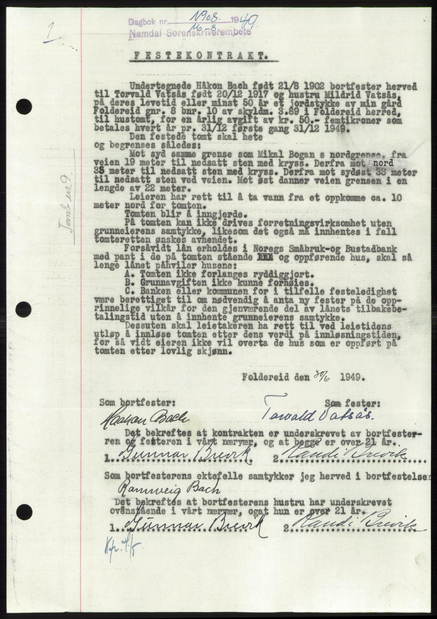 Namdal sorenskriveri, SAT/A-4133/1/2/2C: Pantebok nr. -, 1949-1949, Dagboknr: 1908/1949