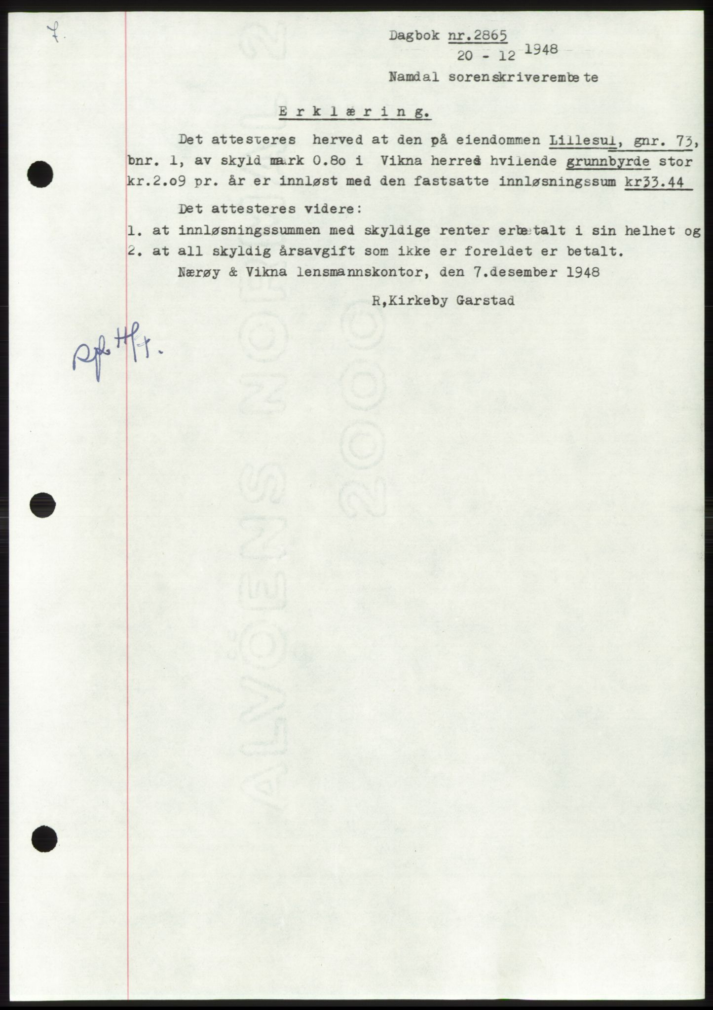 Namdal sorenskriveri, SAT/A-4133/1/2/2C: Pantebok nr. -, 1948-1948, Dagboknr: 2865/1948