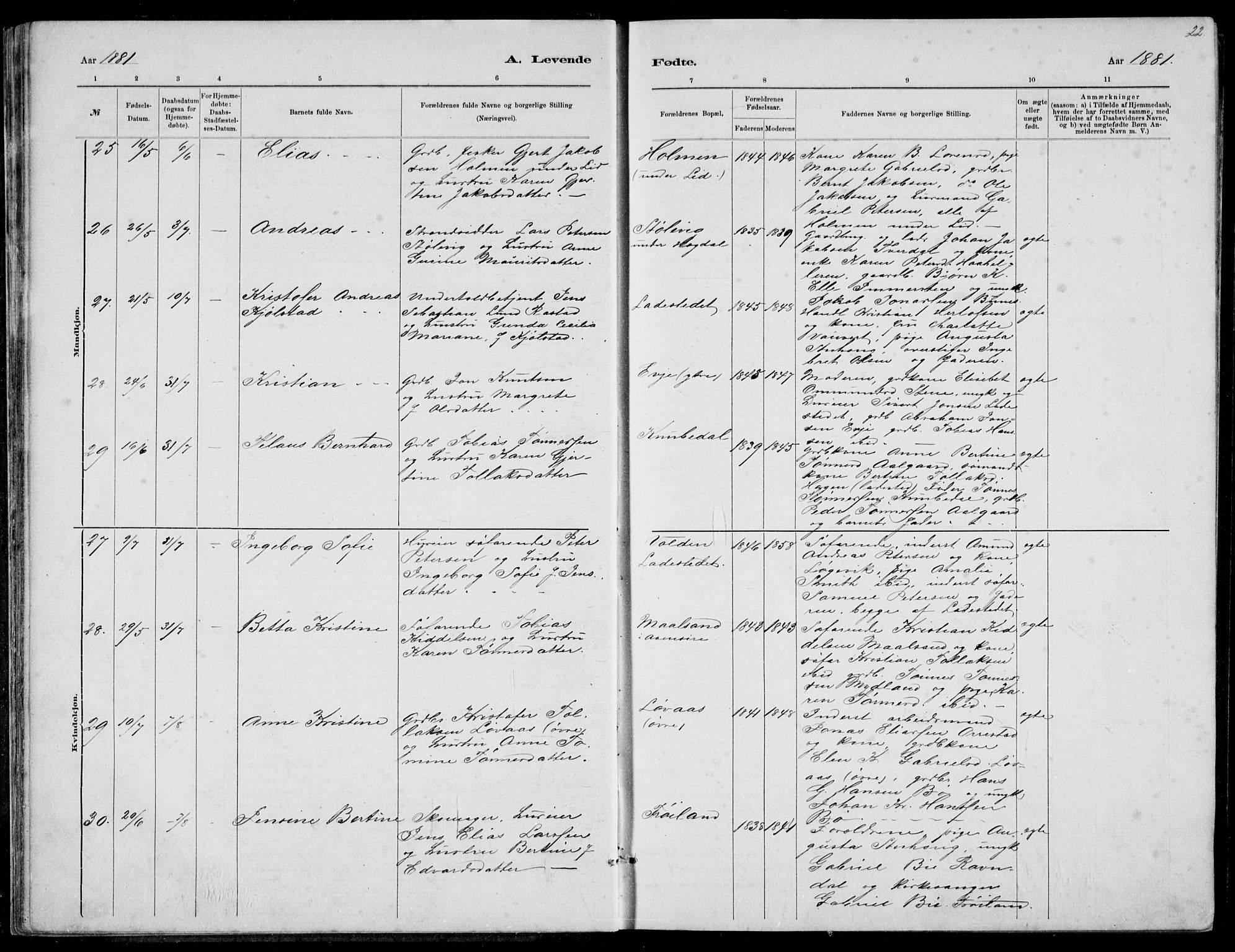 Sokndal sokneprestkontor, AV/SAST-A-101808: Klokkerbok nr. B 4, 1880-1891, s. 22