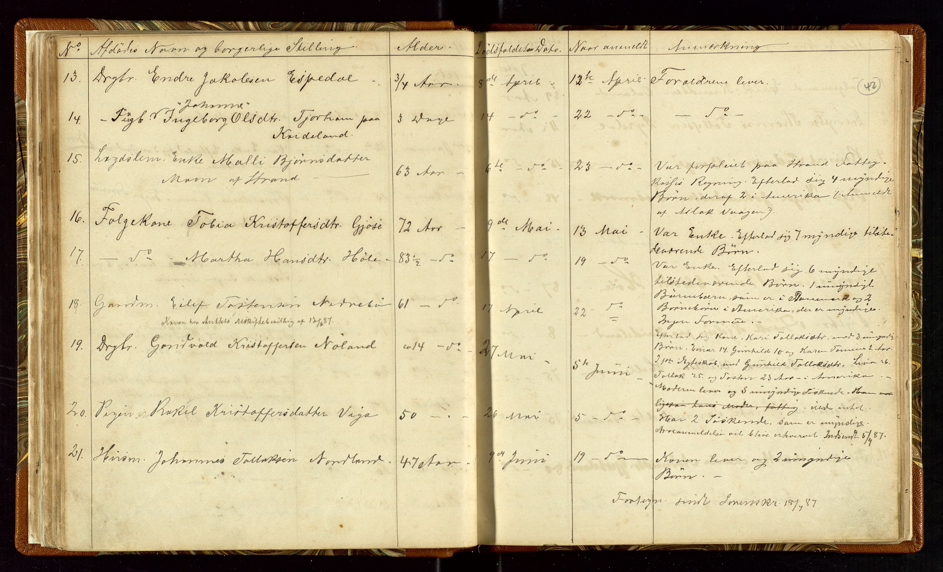 Høle og Forsand lensmannskontor, SAST/A-100127/Gga/L0001: "Fortegnelse over Afdøde i Høle Thinglag fra 1ste Juli 1875 til ", 1875-1902, s. 42