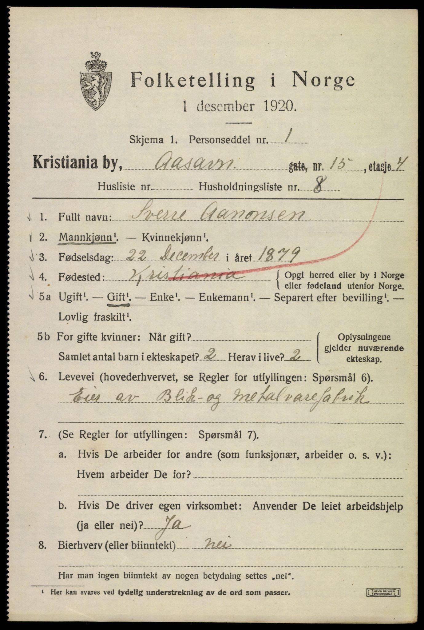 SAO, Folketelling 1920 for 0301 Kristiania kjøpstad, 1920, s. 136693