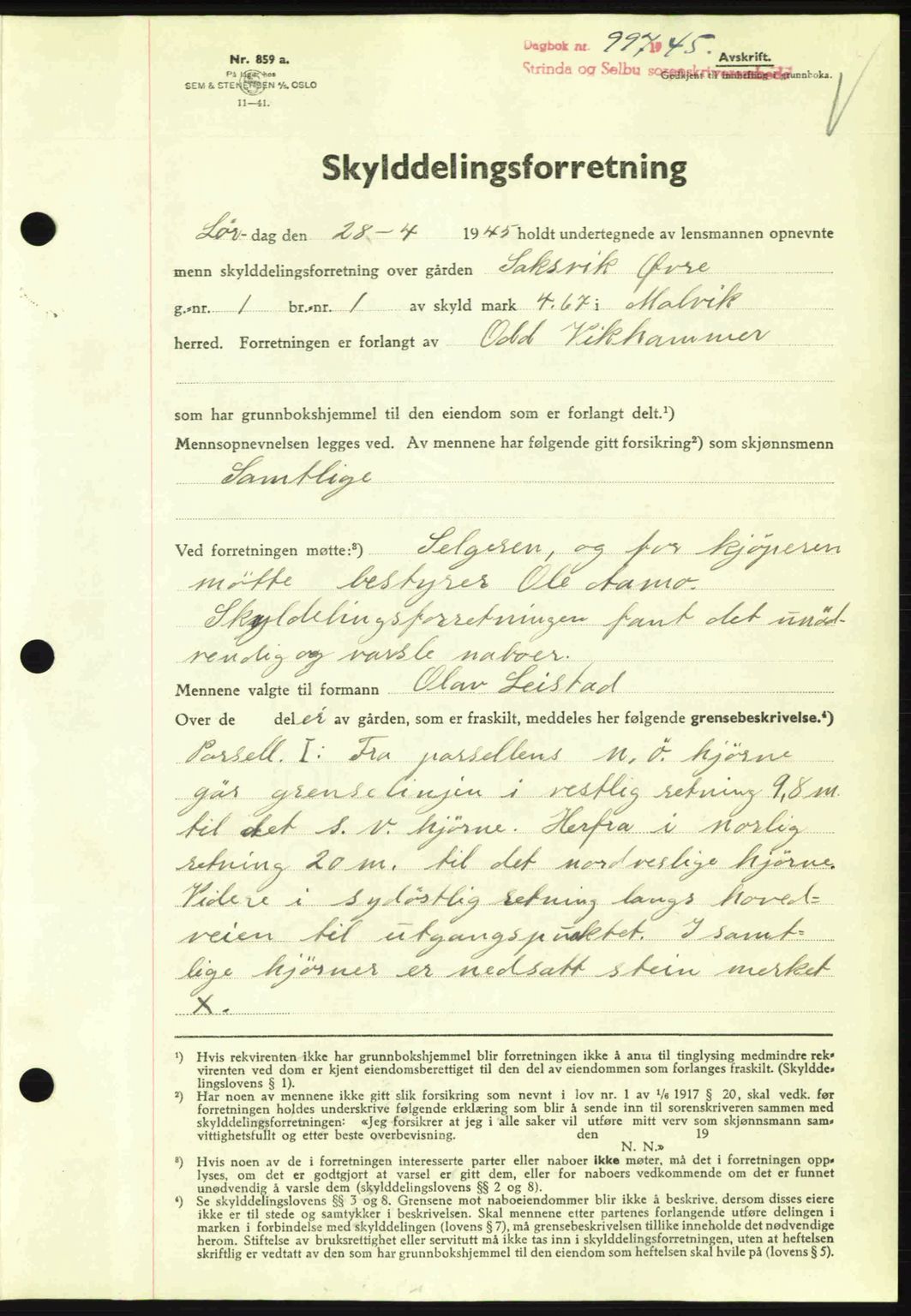 Strinda og Selbu sorenskriveri, SAT/A-0015/2/2C: Pantebok nr. A9, 1944-1945, Dagboknr: 997/1945