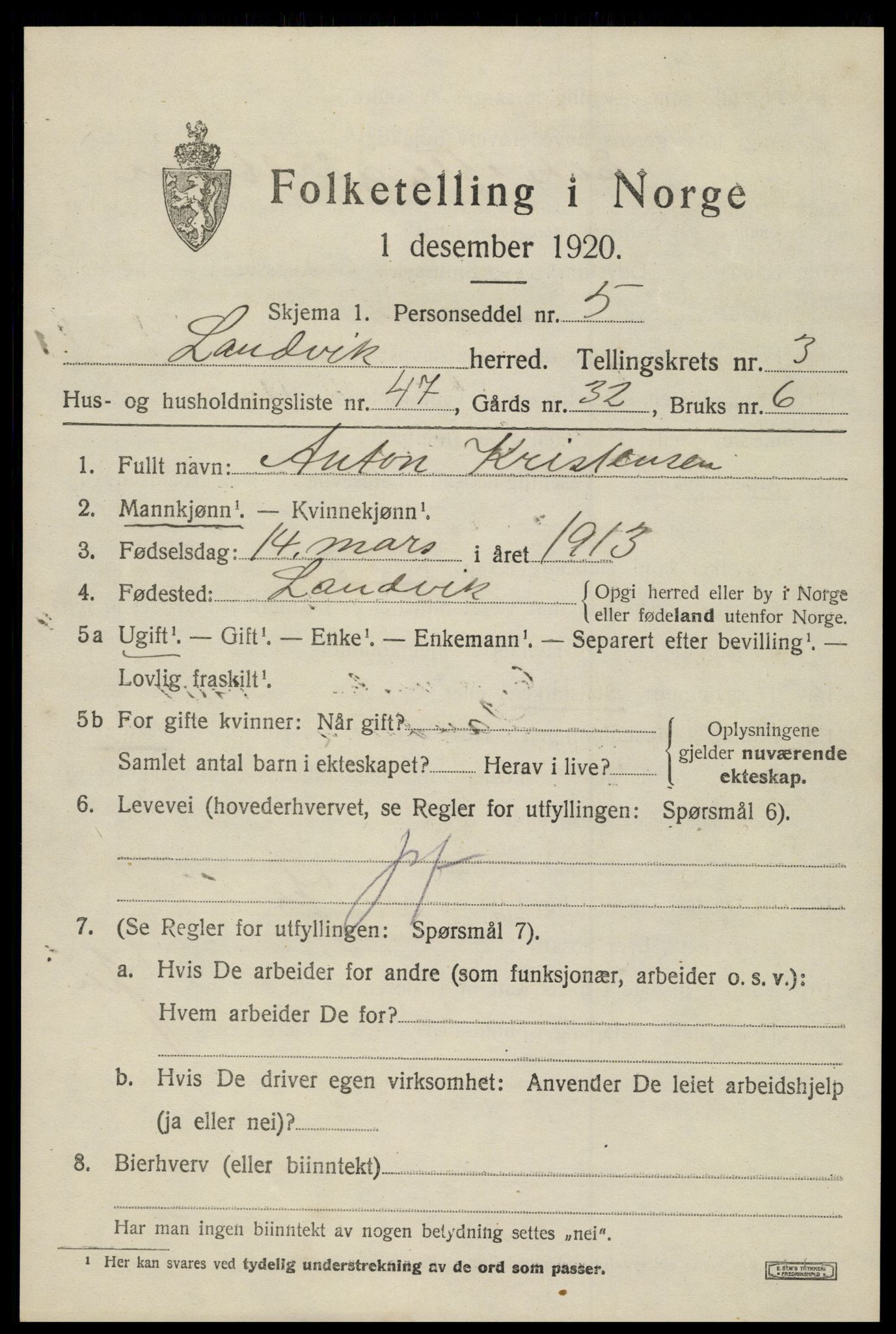 SAK, Folketelling 1920 for 0924 Landvik herred, 1920, s. 3350