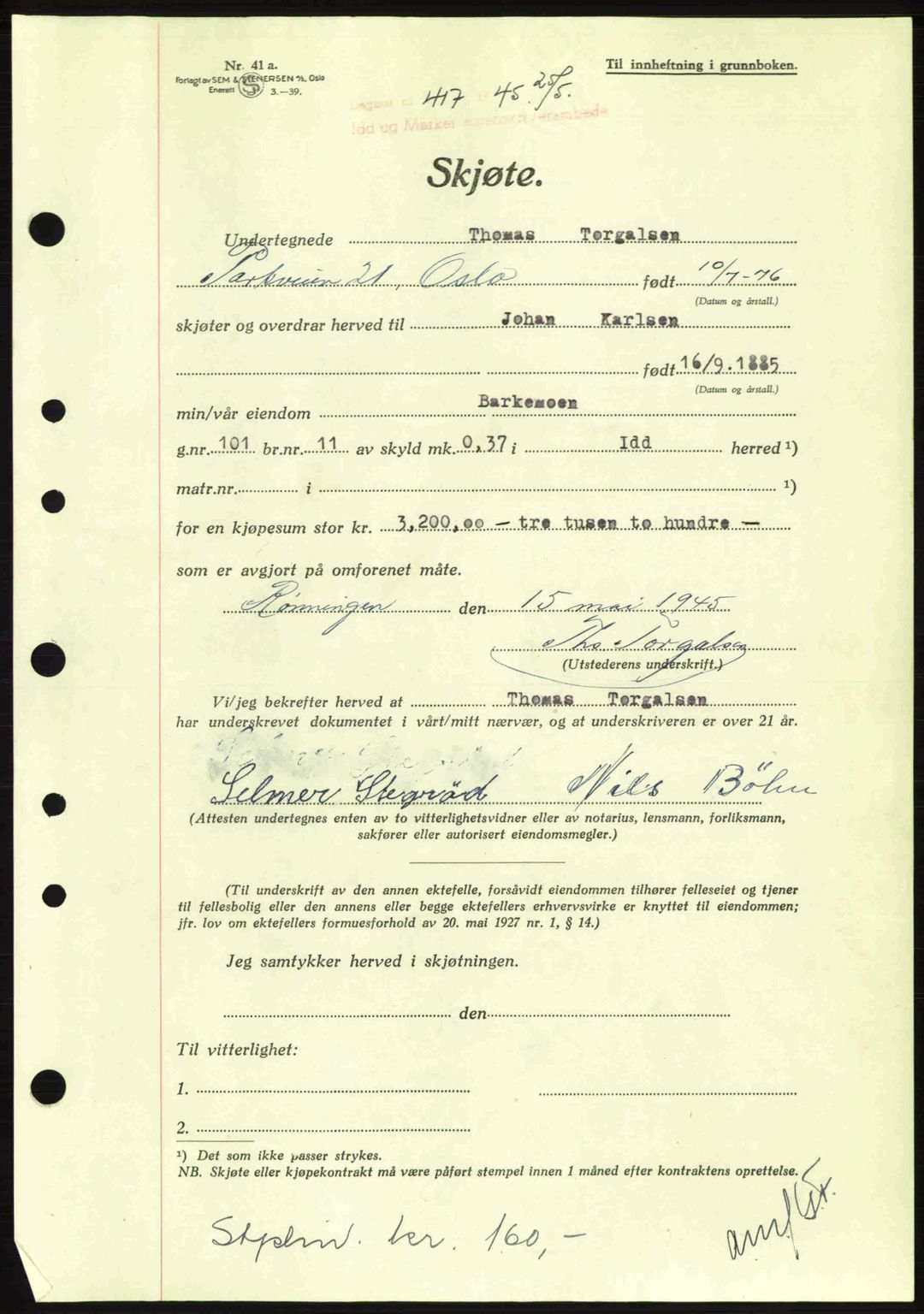 Idd og Marker sorenskriveri, AV/SAO-A-10283/G/Gb/Gbb/L0007: Pantebok nr. A7, 1944-1945, Dagboknr: 417/1945