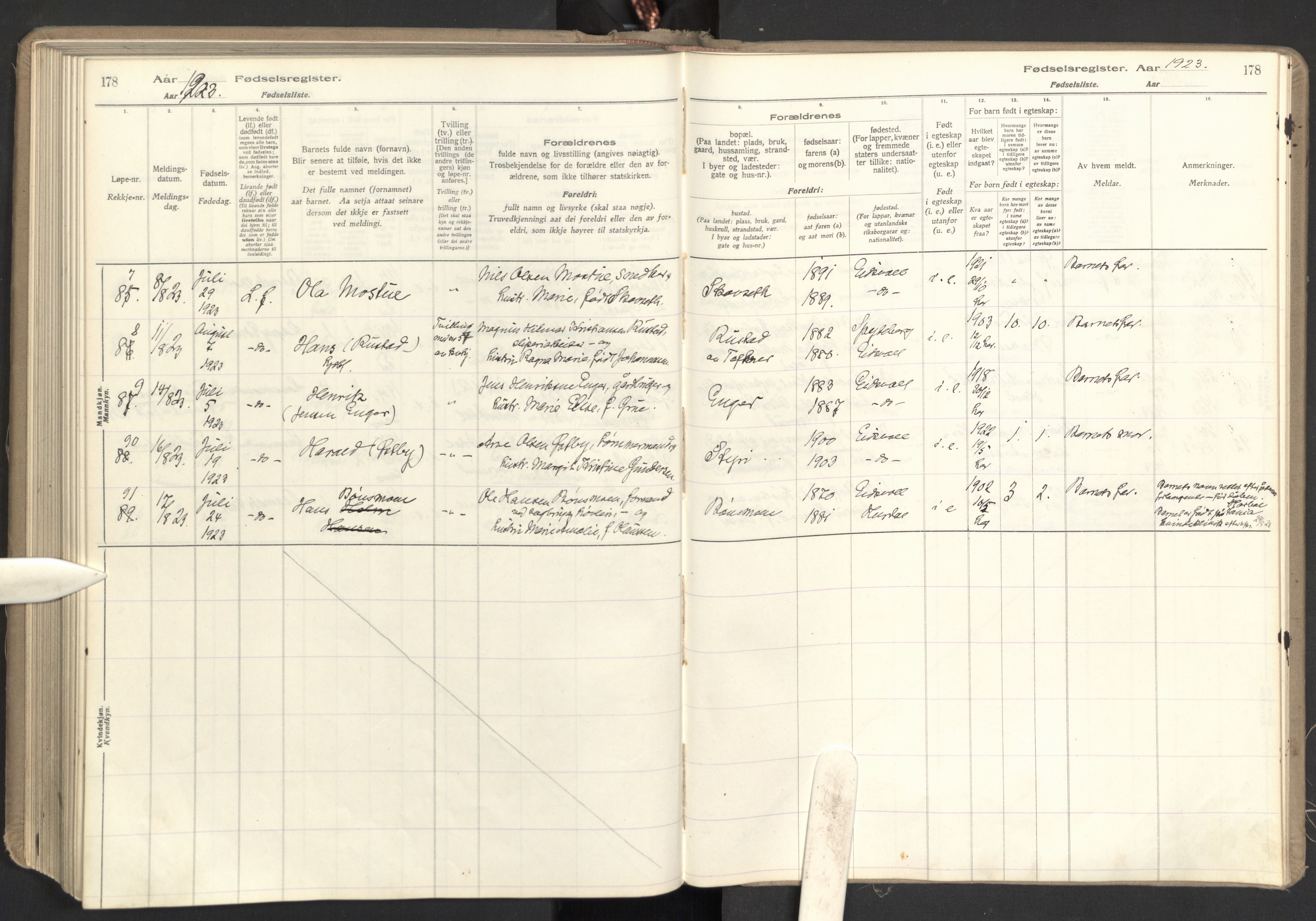 Eidsvoll prestekontor Kirkebøker, AV/SAO-A-10888/J/Ja/L0001: Fødselsregister nr. I 1, 1916-1924, s. 178