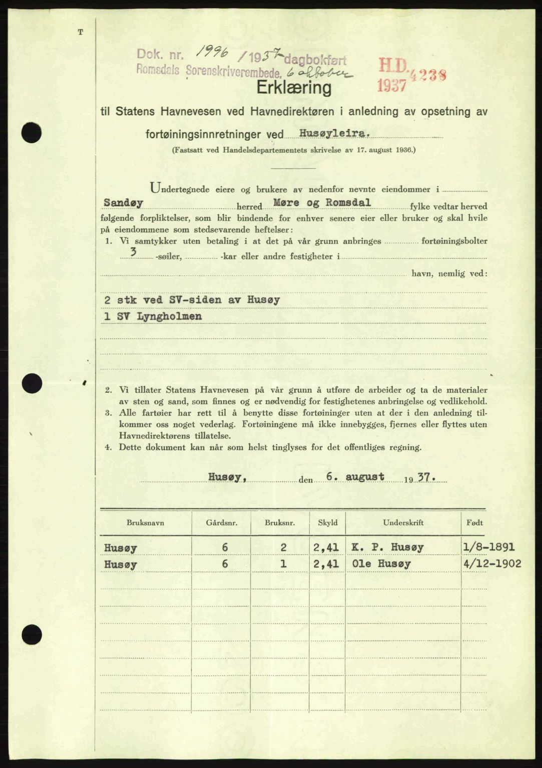 Romsdal sorenskriveri, SAT/A-4149/1/2/2C: Pantebok nr. A4, 1937-1938, Dagboknr: 1996/1937