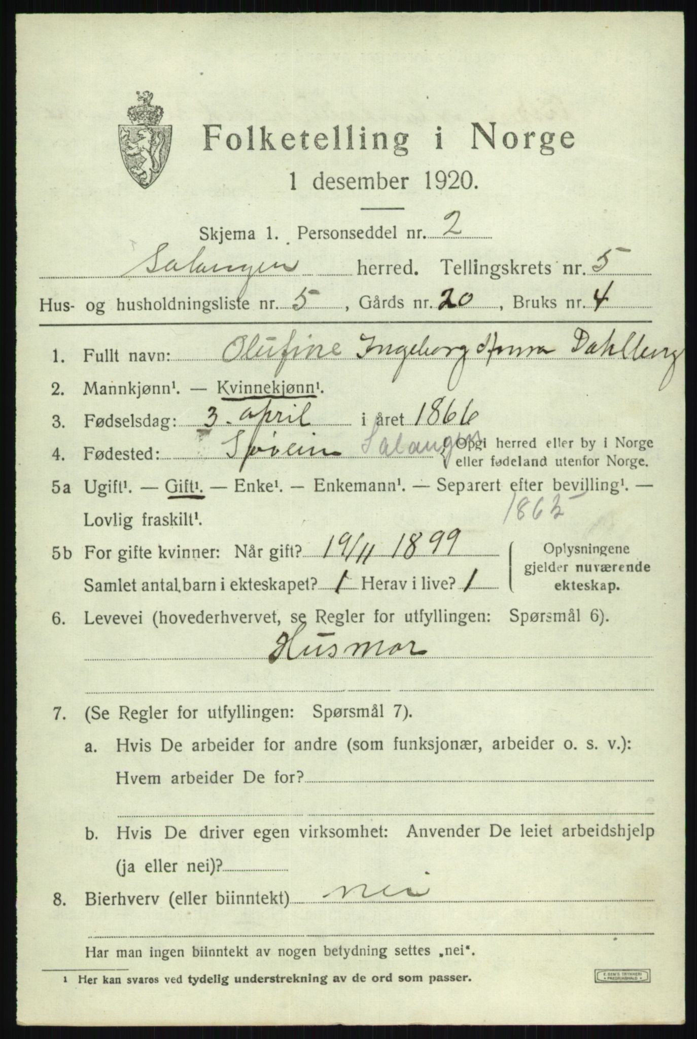 SATØ, Folketelling 1920 for 1921 Salangen herred, 1920, s. 3384
