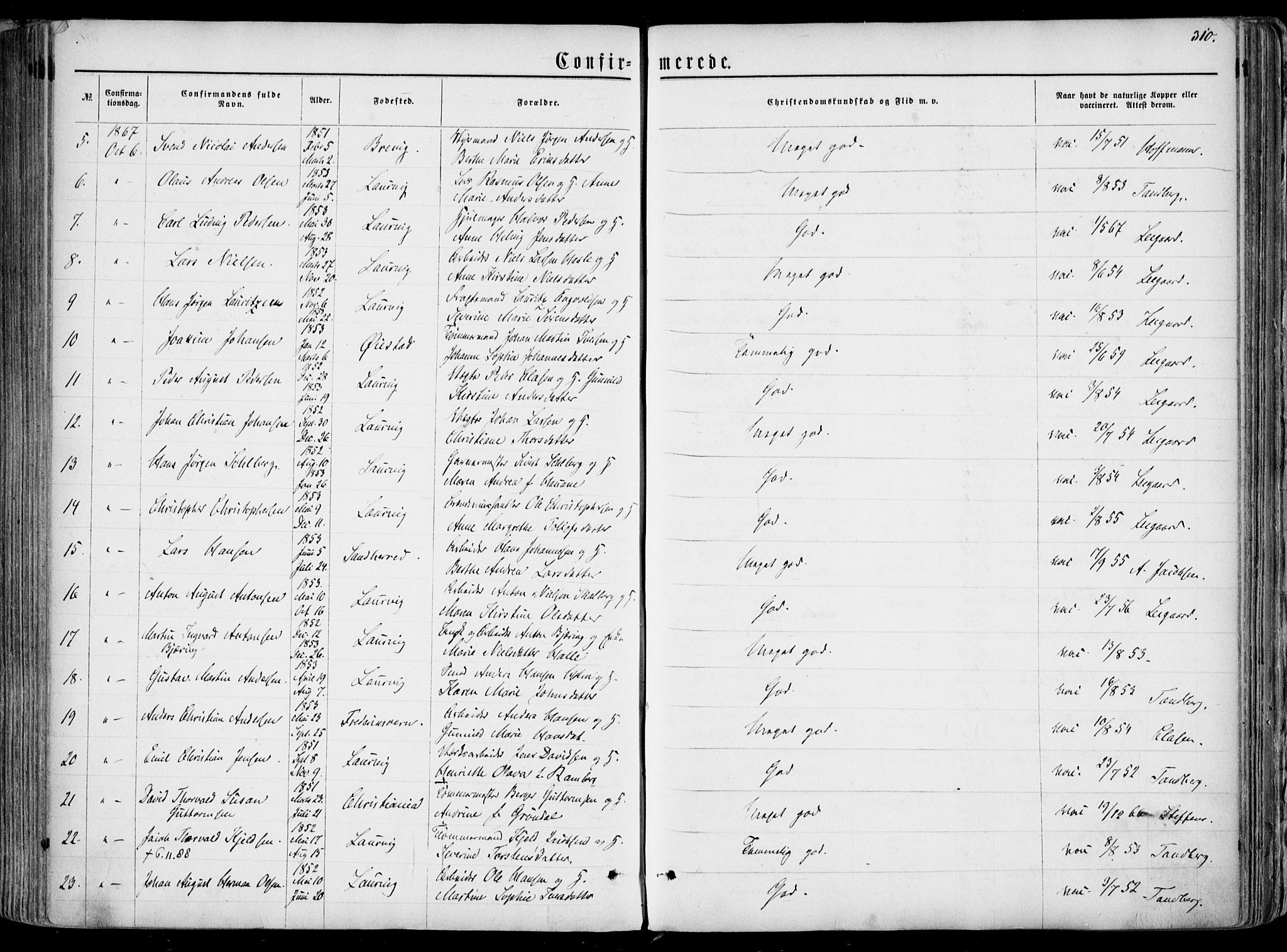 Larvik kirkebøker, AV/SAKO-A-352/F/Fa/L0004: Ministerialbok nr. I 4, 1856-1870, s. 310