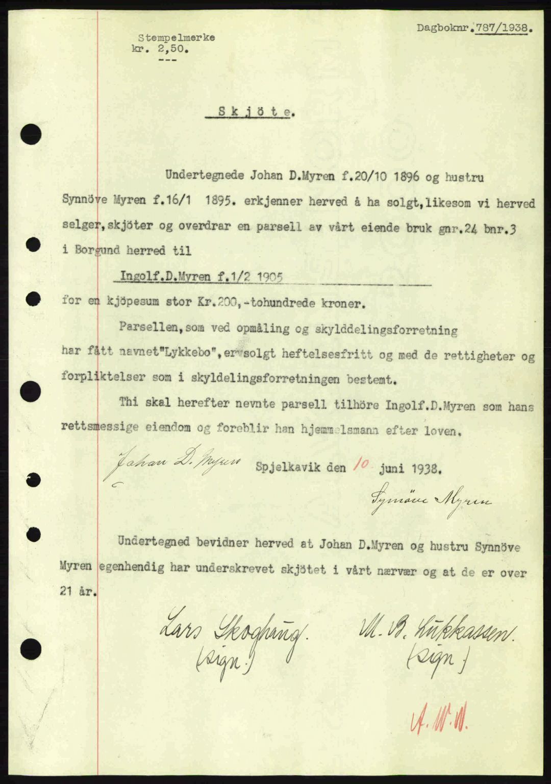 Nordre Sunnmøre sorenskriveri, AV/SAT-A-0006/1/2/2C/2Ca: Pantebok nr. A4, 1937-1938, Dagboknr: 787/1938