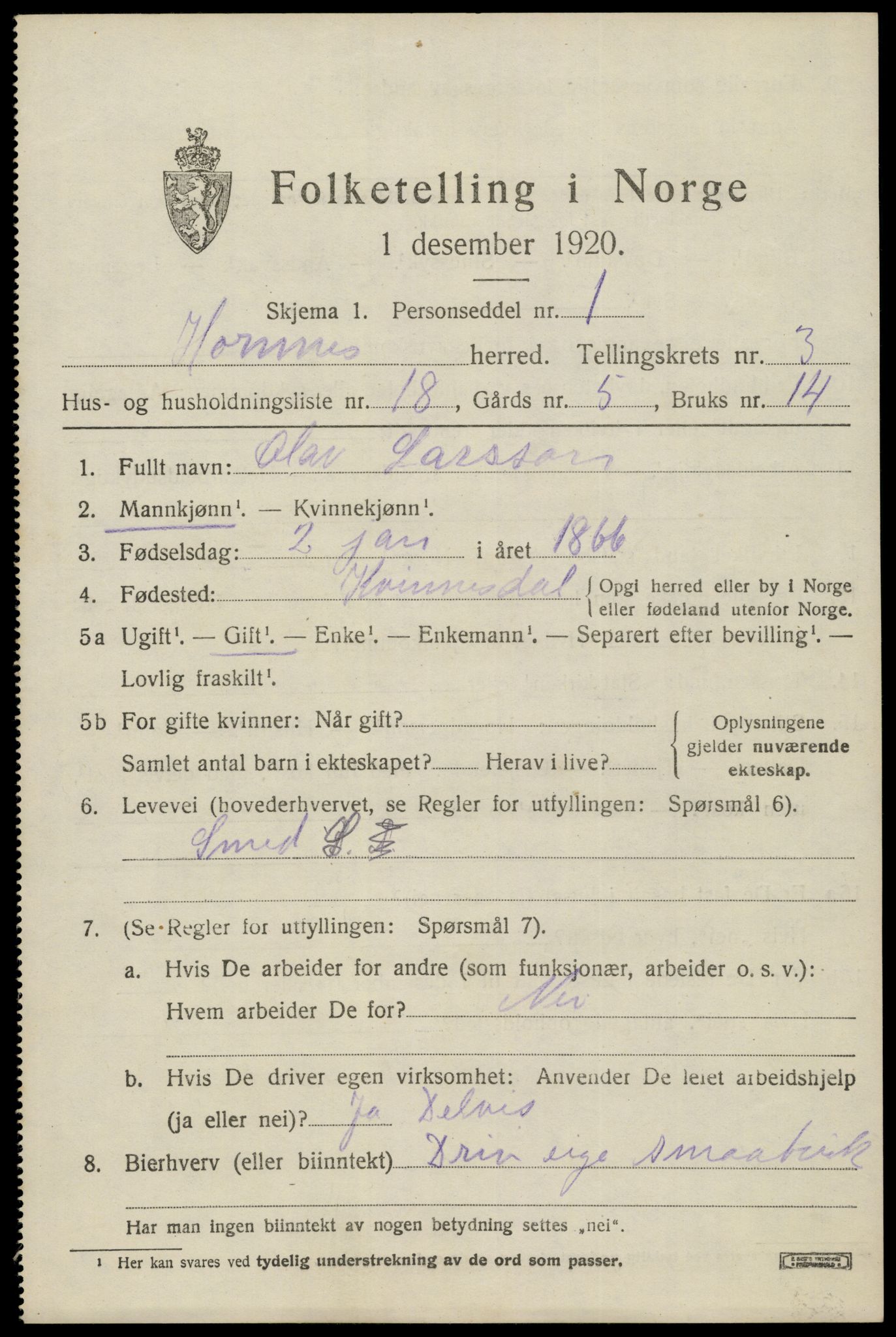 SAK, Folketelling 1920 for 0936 Hornnes herred, 1920, s. 1013