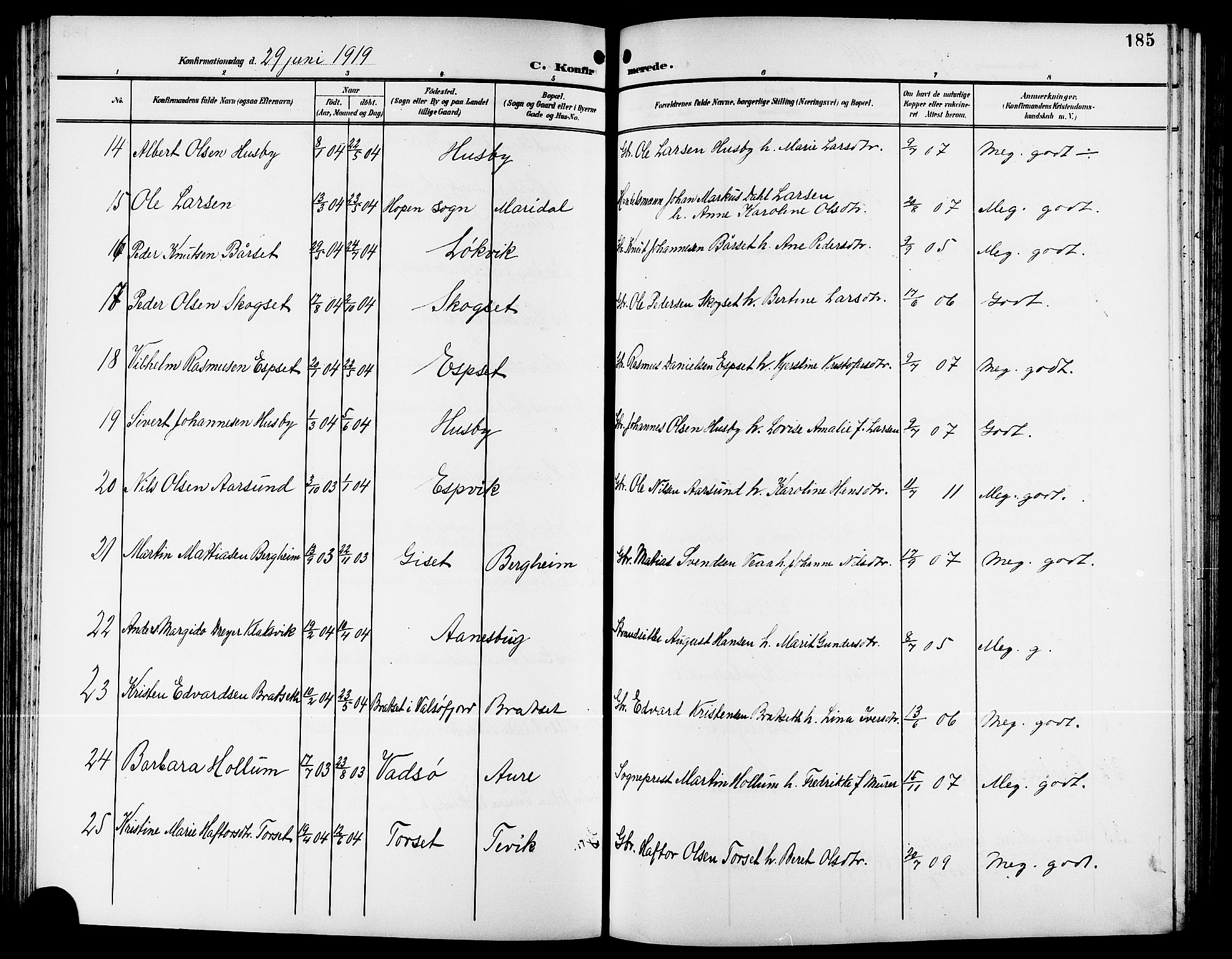 Ministerialprotokoller, klokkerbøker og fødselsregistre - Møre og Romsdal, AV/SAT-A-1454/578/L0910: Klokkerbok nr. 578C03, 1900-1921, s. 185