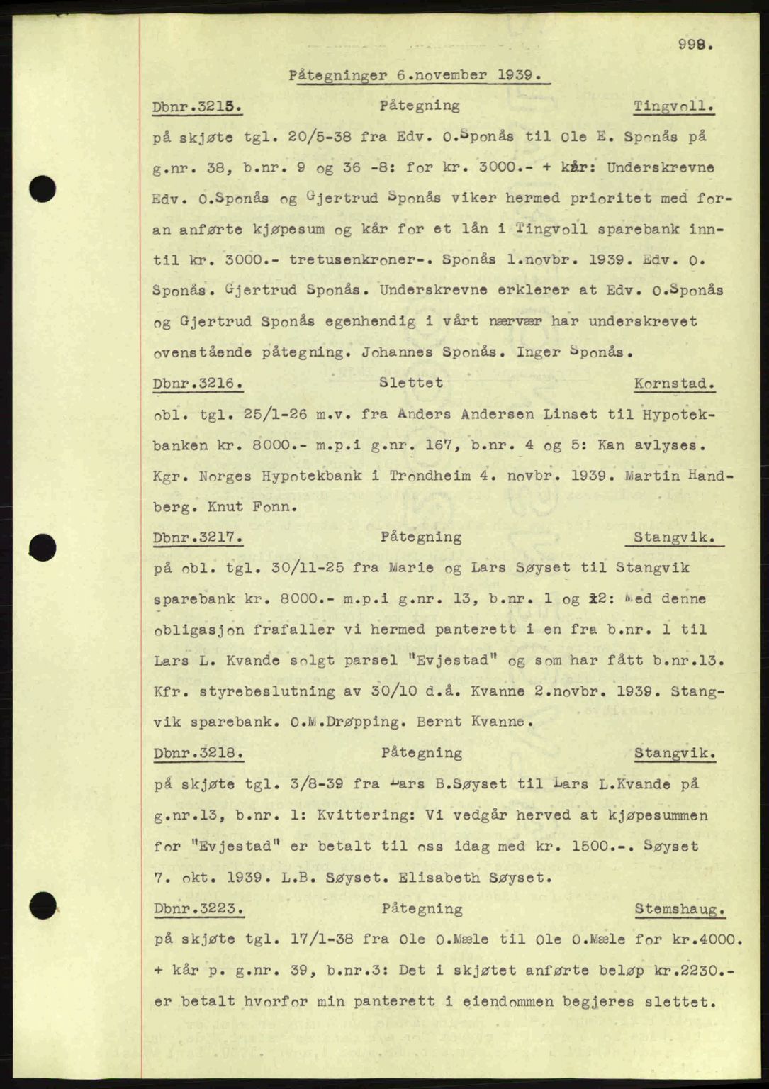 Nordmøre sorenskriveri, SAT/A-4132/1/2/2Ca: Pantebok nr. C80, 1936-1939, Dagboknr: 3215/1939