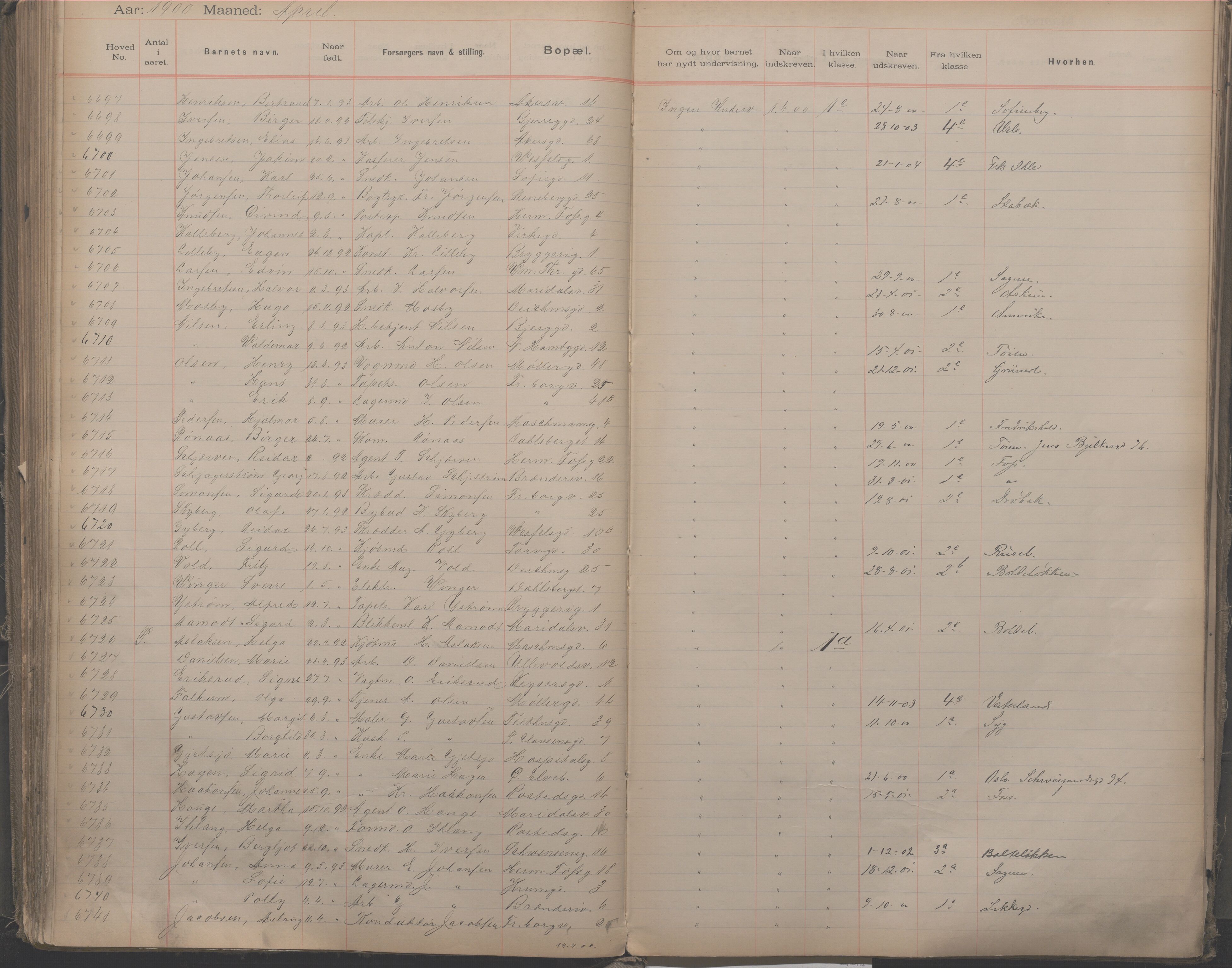 Møllergata skole, OBA/A-20129/F/Fa/L0001: Ut-/innskrivningsprotokoll, 1889-1907, s. 154
