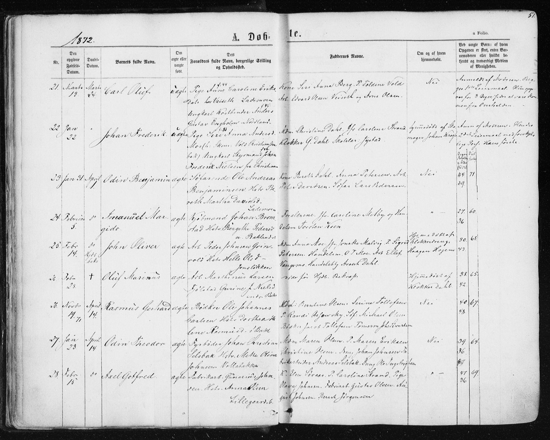 Ministerialprotokoller, klokkerbøker og fødselsregistre - Sør-Trøndelag, SAT/A-1456/604/L0186: Ministerialbok nr. 604A07, 1866-1877, s. 51