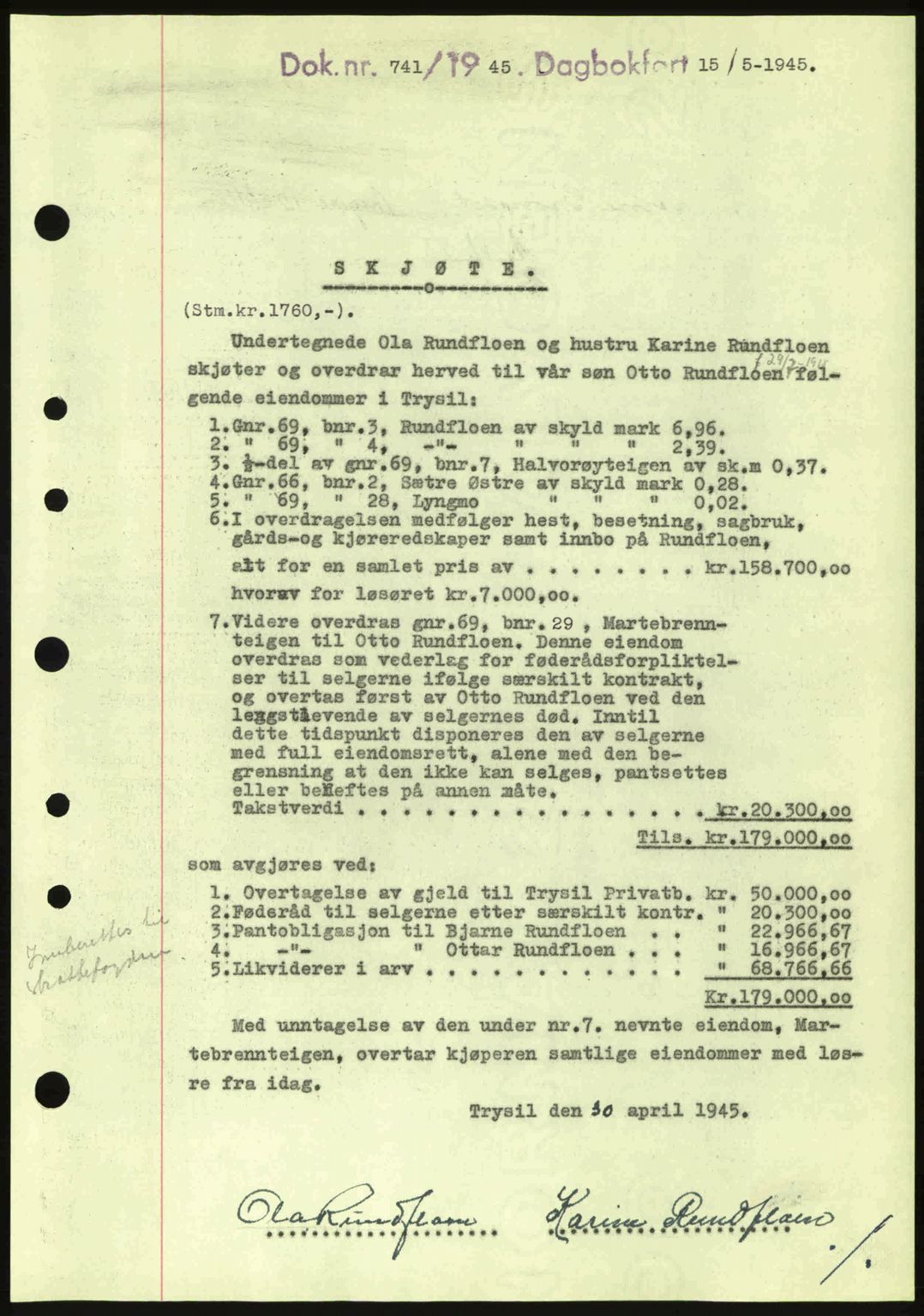 Sør-Østerdal sorenskriveri, AV/SAH-TING-018/H/Hb/Hbb/L0073: Pantebok nr. A73, 1945-1946, Dagboknr: 741/1945