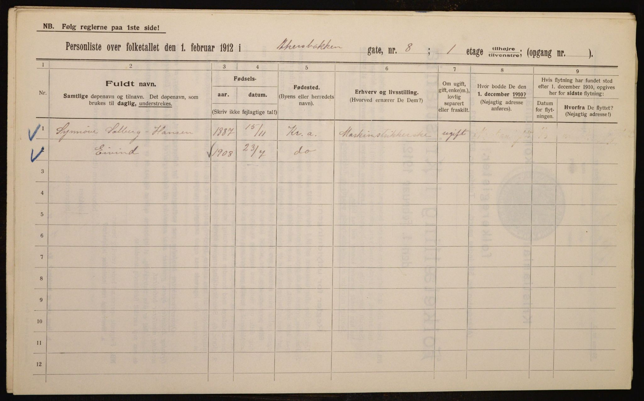 OBA, Kommunal folketelling 1.2.1912 for Kristiania, 1912, s. 36