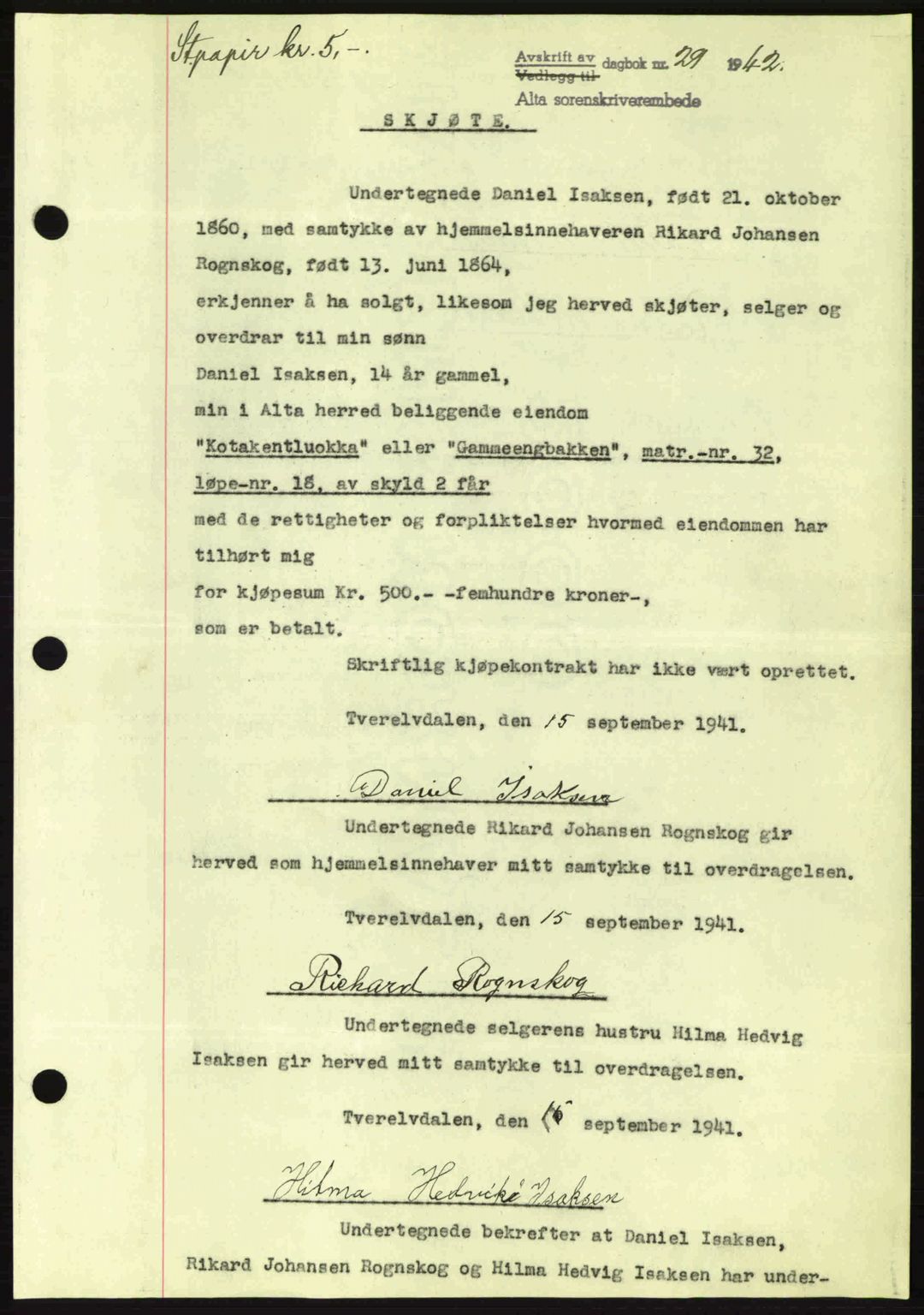 Alta fogderi/sorenskriveri, SATØ/SATØ-5/1/K/Kd/L0033pantebok: Pantebok nr. 33, 1940-1943, Dagboknr: 29/1942