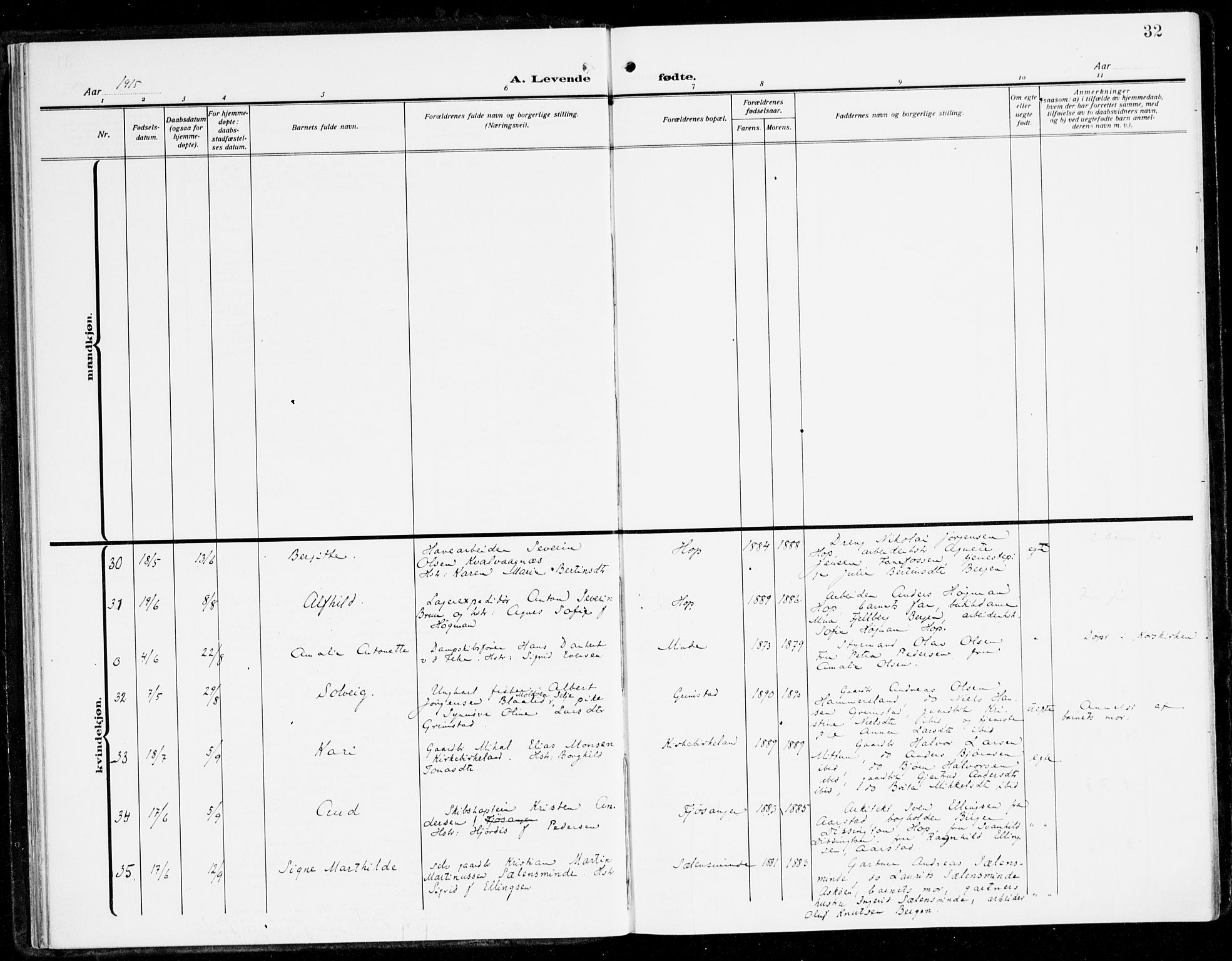 Fana Sokneprestembete, AV/SAB-A-75101/H/Haa/Haai/L0004: Ministerialbok nr. I 4, 1912-1933, s. 32