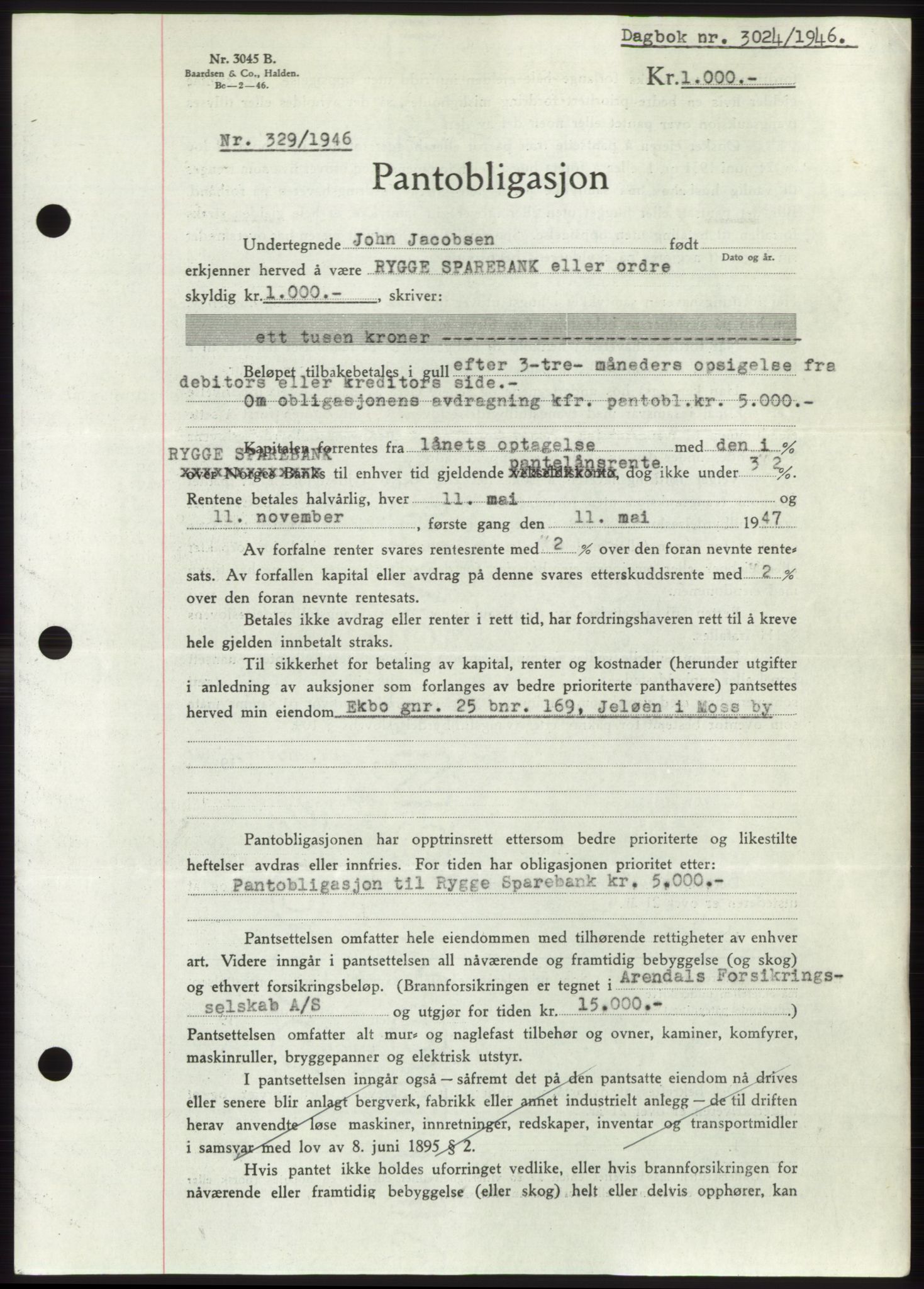 Moss sorenskriveri, SAO/A-10168: Pantebok nr. B16, 1946-1947, Dagboknr: 3024/1946