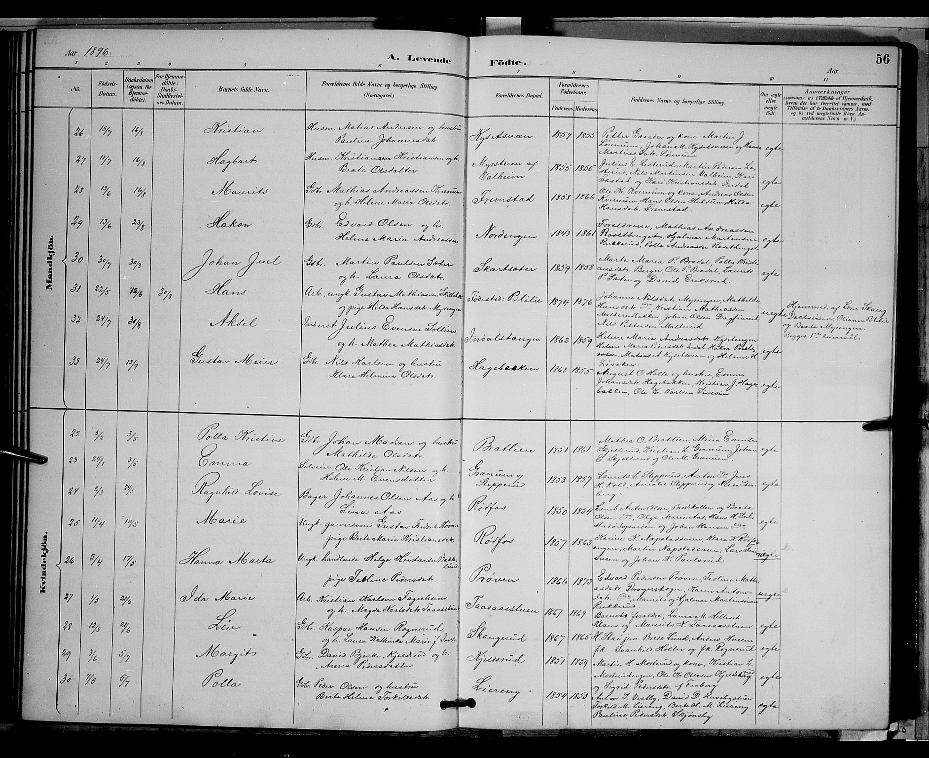 Vestre Toten prestekontor, AV/SAH-PREST-108/H/Ha/Hab/L0009: Klokkerbok nr. 9, 1888-1900, s. 56