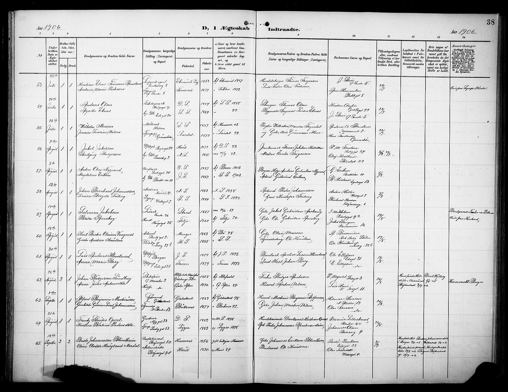 Sandviken Sokneprestembete, AV/SAB-A-77601/H/Hb/L0014: Klokkerbok nr. D 1, 1902-1929, s. 38