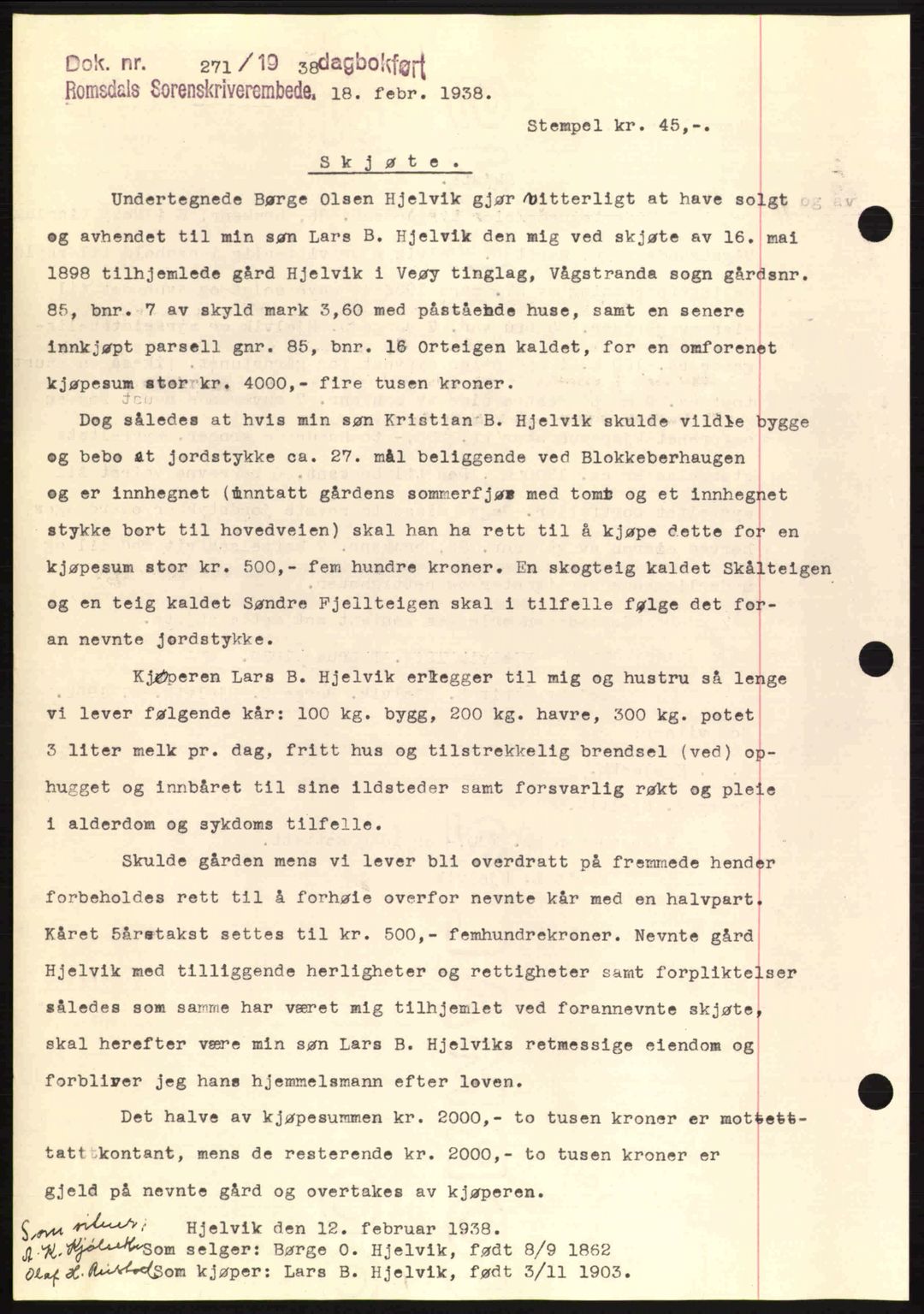 Romsdal sorenskriveri, SAT/A-4149/1/2/2C: Pantebok nr. A4, 1937-1938, Dagboknr: 271/1938