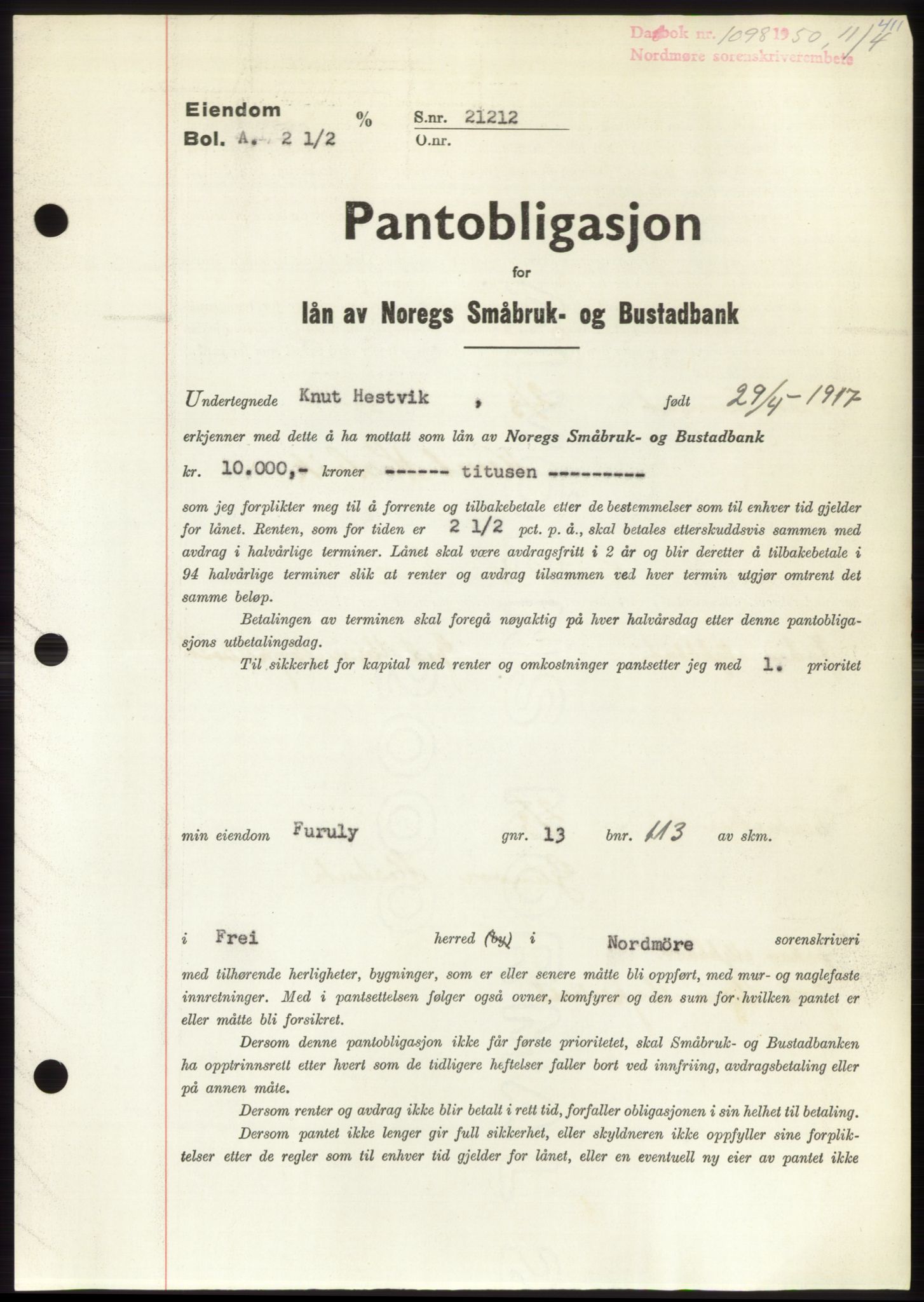 Nordmøre sorenskriveri, AV/SAT-A-4132/1/2/2Ca: Pantebok nr. B104, 1950-1950, Dagboknr: 1098/1950