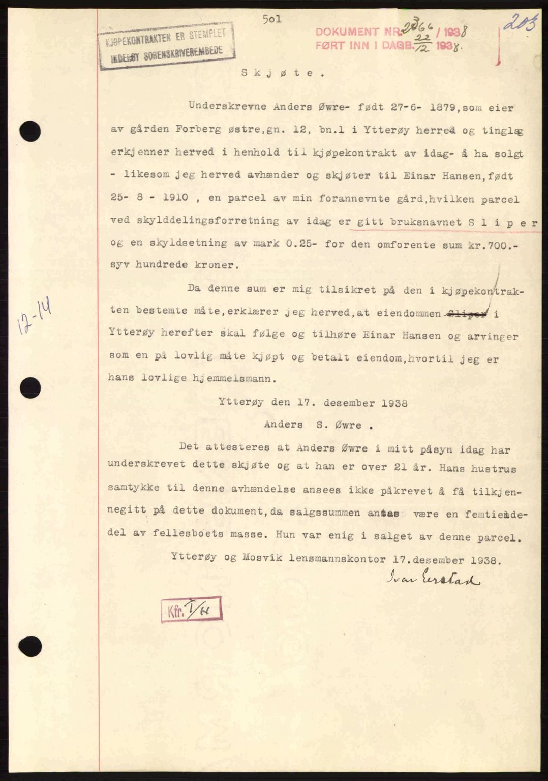 Inderøy sorenskriveri, SAT/A-4147/1/2/2C: Pantebok nr. Y1, 1936-1950, Dagboknr: 2366/1938