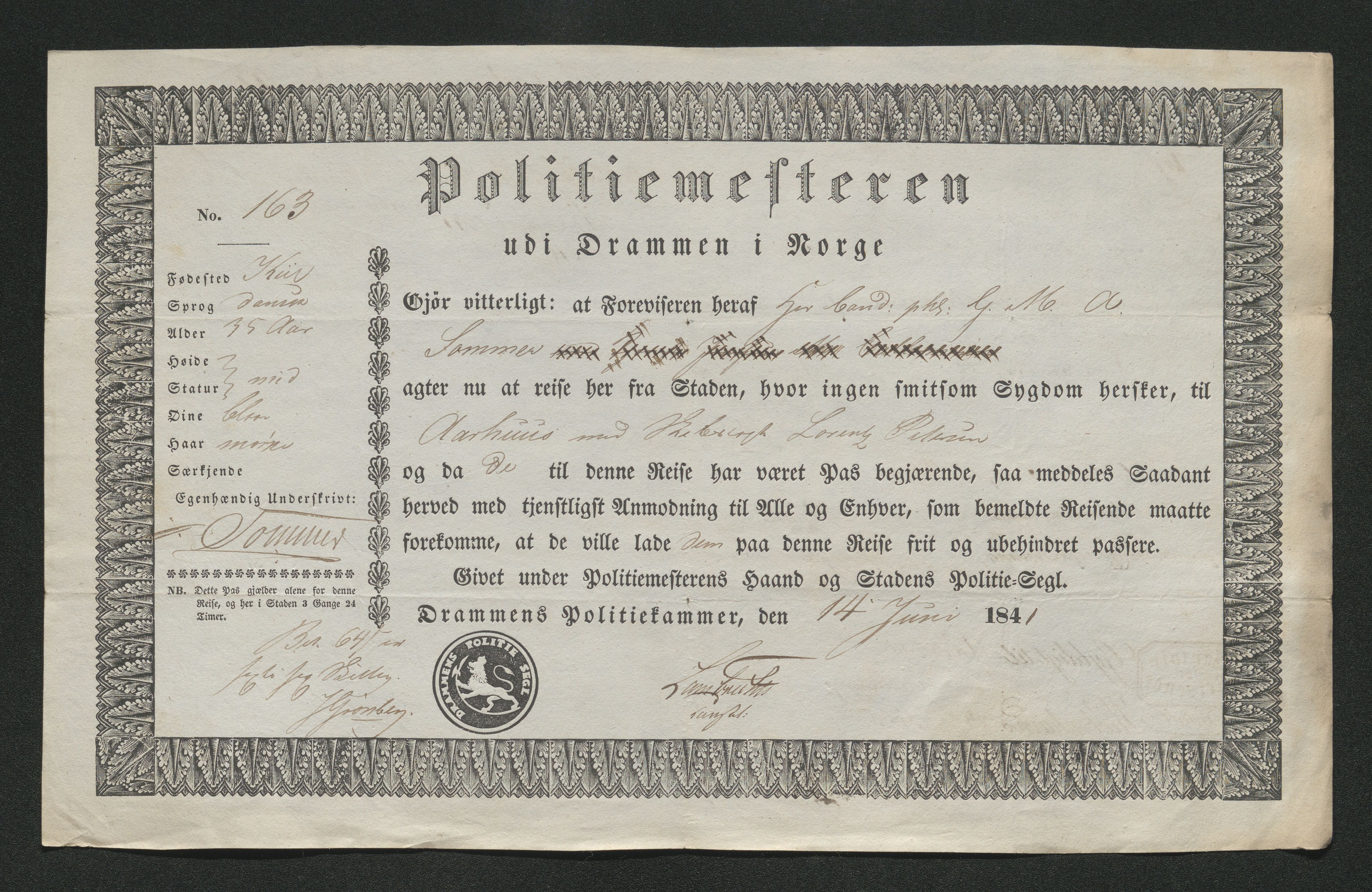 Drammen politikammer, AV/SAKO-A-623/I/Ia/Iab/L0006: Innleverte pass, 1841-1842, s. 250