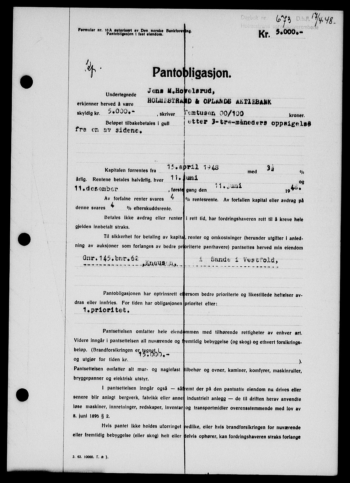 Holmestrand sorenskriveri, SAKO/A-67/G/Ga/Gab/L0058: Pantebok nr. B-58, 1947-1948, Dagboknr: 673/1948