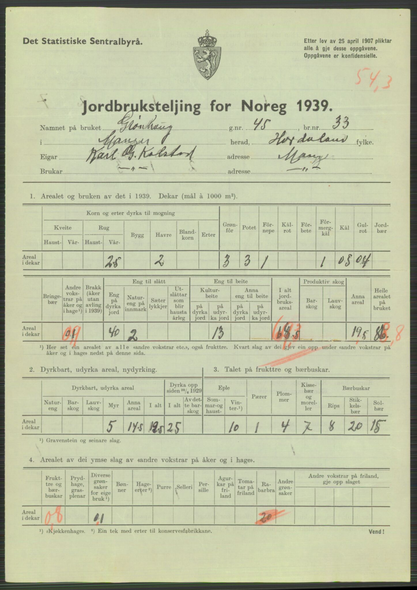 Statistisk sentralbyrå, Næringsøkonomiske emner, Jordbruk, skogbruk, jakt, fiske og fangst, AV/RA-S-2234/G/Gb/L0211: Hordaland: Herdla, Hjelme og Manger, 1939, s. 1749