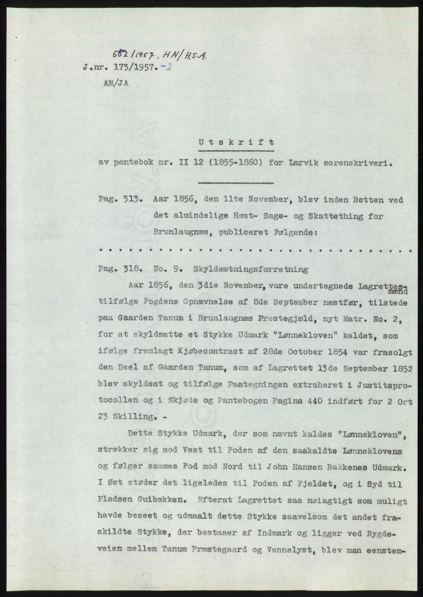 Statsarkivet i Kongsberg, AV/SAKO-A-0001/E/Ee/L0008: Avskrifter, SAO jnr. 1203/1956 - 344/1957, 1956-1957, s. 221