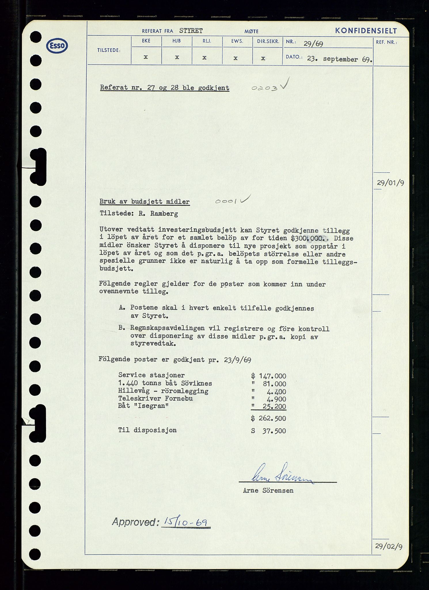 Pa 0982 - Esso Norge A/S, SAST/A-100448/A/Aa/L0003/0001: Den administrerende direksjon Board minutes (styrereferater) og Bedriftforsamlingsprotokoll / Den administrerende direksjon Board minutes (styrereferater), 1969, s. 33