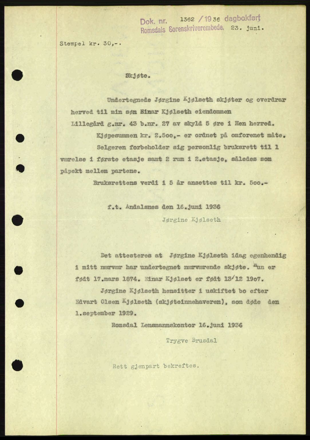 Romsdal sorenskriveri, SAT/A-4149/1/2/2C: Pantebok nr. A1, 1936-1936, Dagboknr: 1362/1936