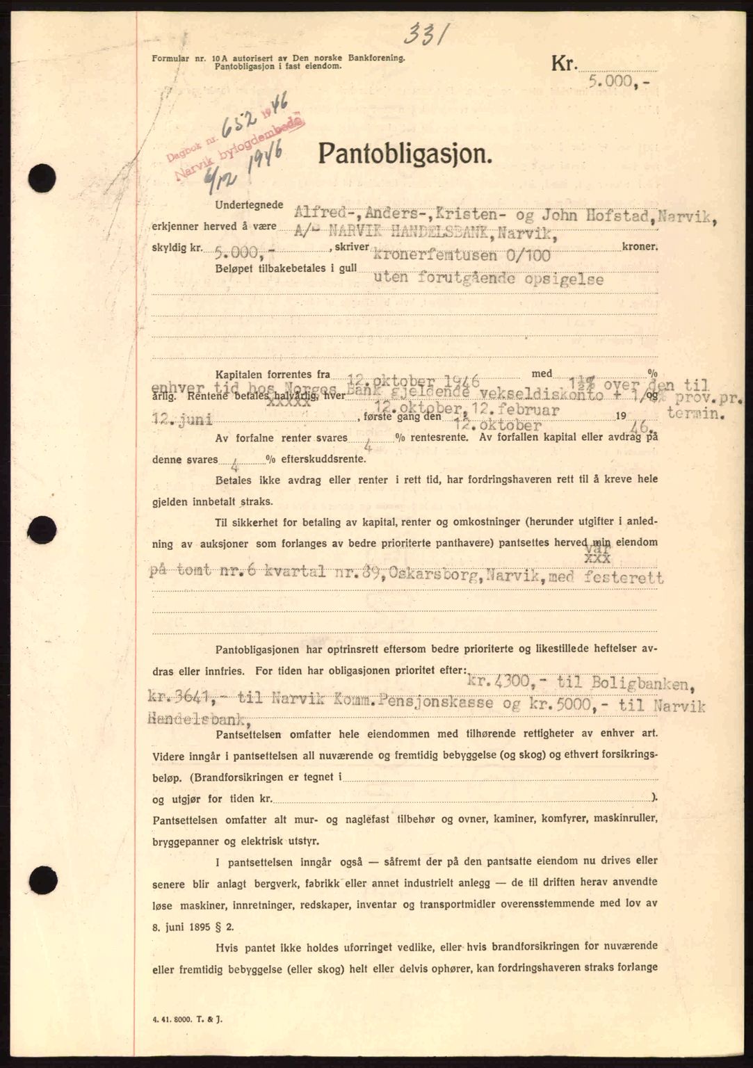 Narvik sorenskriveri, SAT/A-0002/1/2/2C/2Ca: Pantebok nr. A21, 1946-1947, Dagboknr: 652/1946