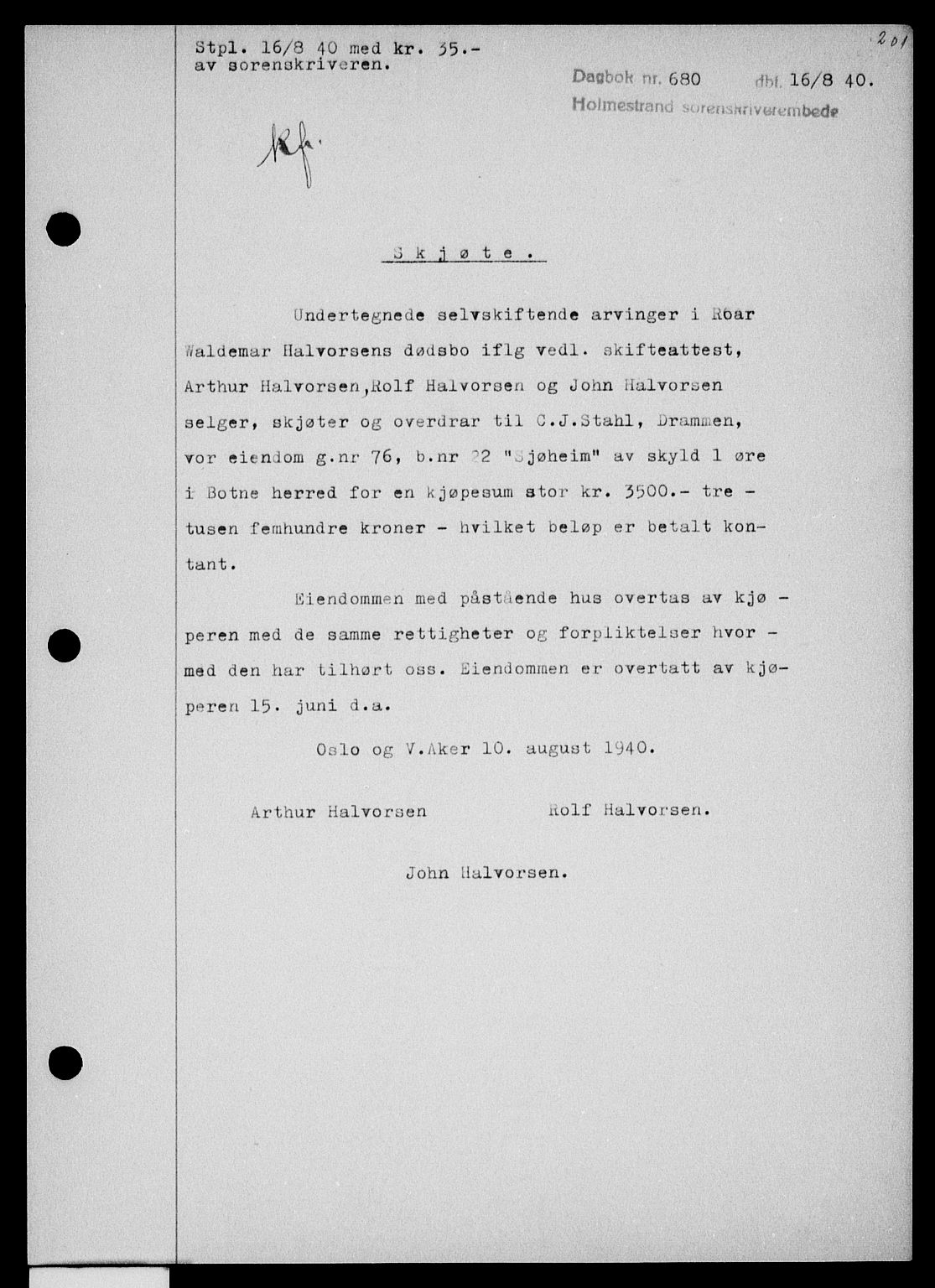 Holmestrand sorenskriveri, SAKO/A-67/G/Ga/Gaa/L0052: Pantebok nr. A-52, 1940-1941, Dagboknr: 680/1940